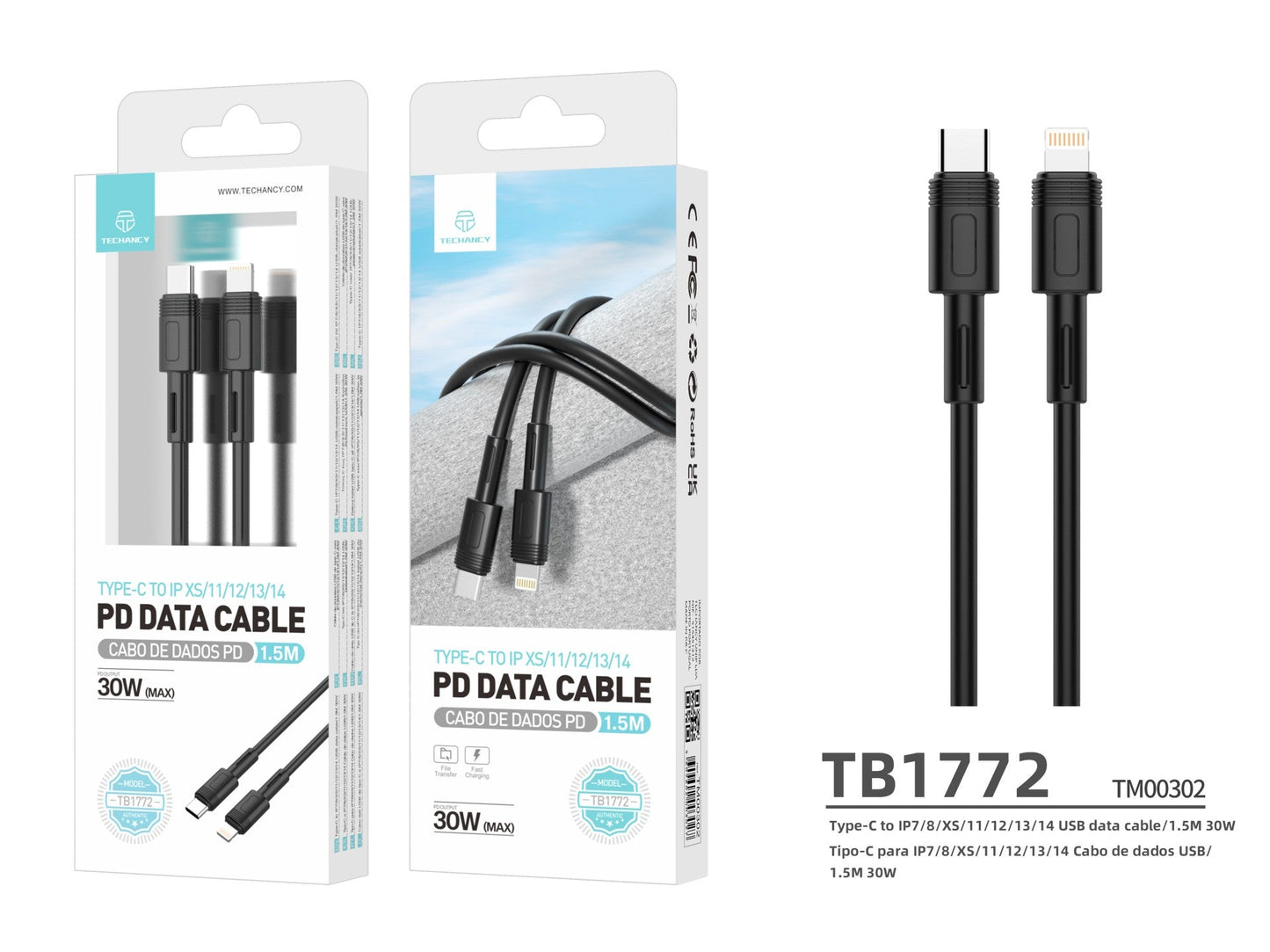Techancy Cabo Pd De Carregamento Rápido Preto 1,5 M TB1772, Usb C Para Porta Lightning Carregamento Rápido De 30 W by Techancy