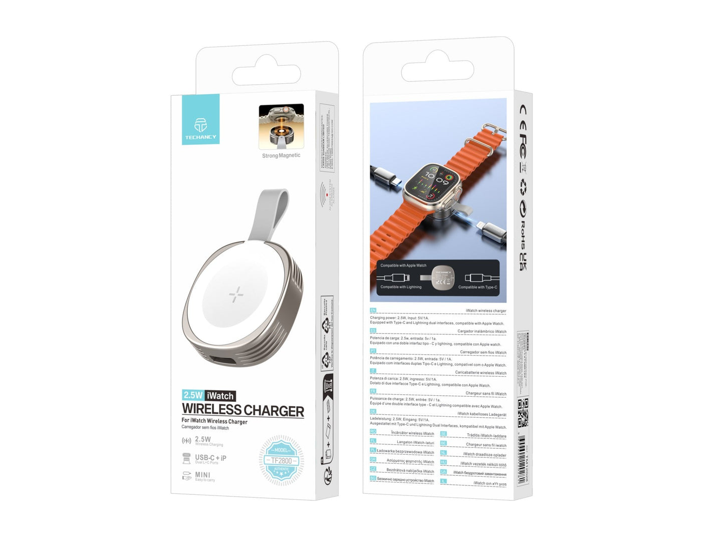 Techancy Carregador Wireless iWatch TF2800 2.5W, iman forte, USB-C/Lightning, compacto, compativel Apple Watch by Techancy
