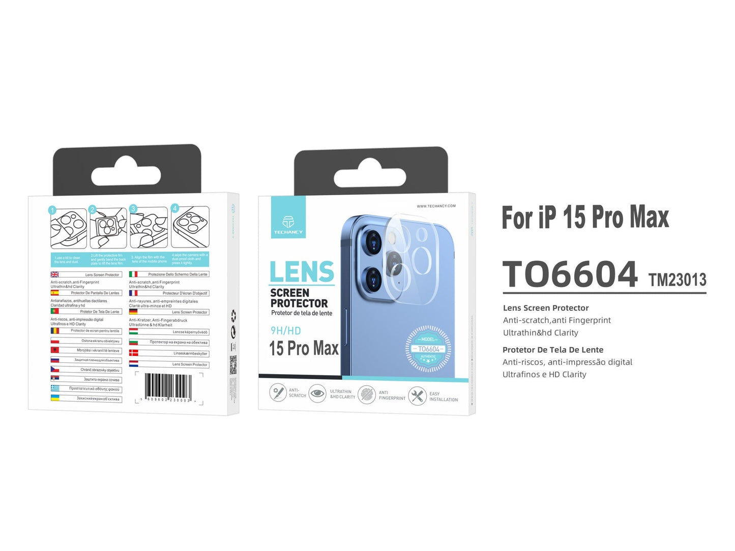 Techancy Protetor de Lente para iPhone 15 PRO MAX, TO6604, 9H Anti-riscos, Anti-digital, Ultrafino e HD, Fácil de Instalar by Techancy