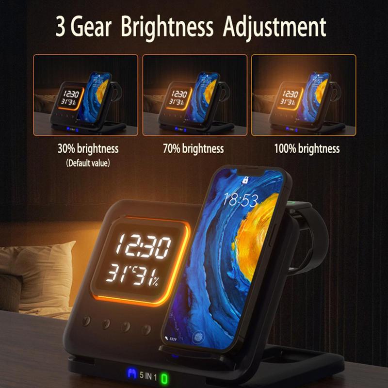 15W Wireless Chargers Stand 5 In1 LED Digital Alarm Clock Fast Charging Dock Station - Rendtronics