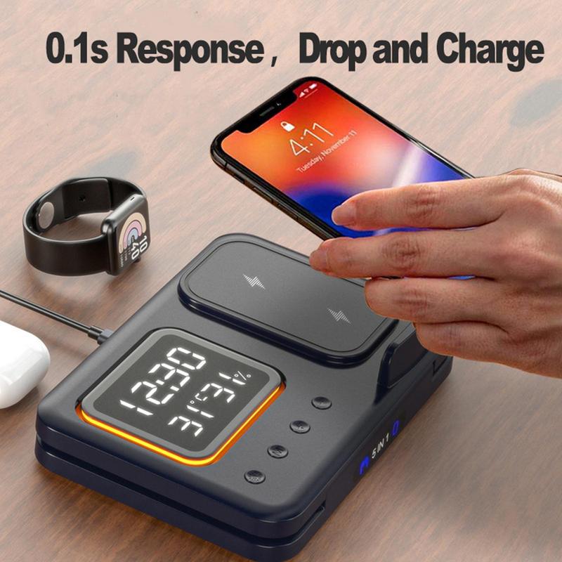 15W Wireless Chargers Stand 5 In1 LED Digital Alarm Clock Fast Charging Dock Station - Rendtronics