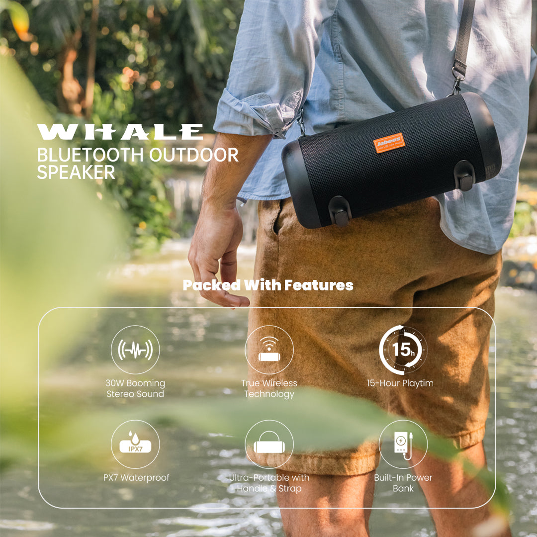 WHALE with Nylon Strap – Bluetooth IPX7 Waterproof Portable Outdoor Speaker with 30W Stereo Sound and USB Charge Out by Jabeesstore