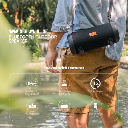 WHALE with Nylon Strap – Bluetooth IPX7 Waterproof Portable Outdoor Speaker with 30W Stereo Sound and USB Charge Out by Jabeesstore
