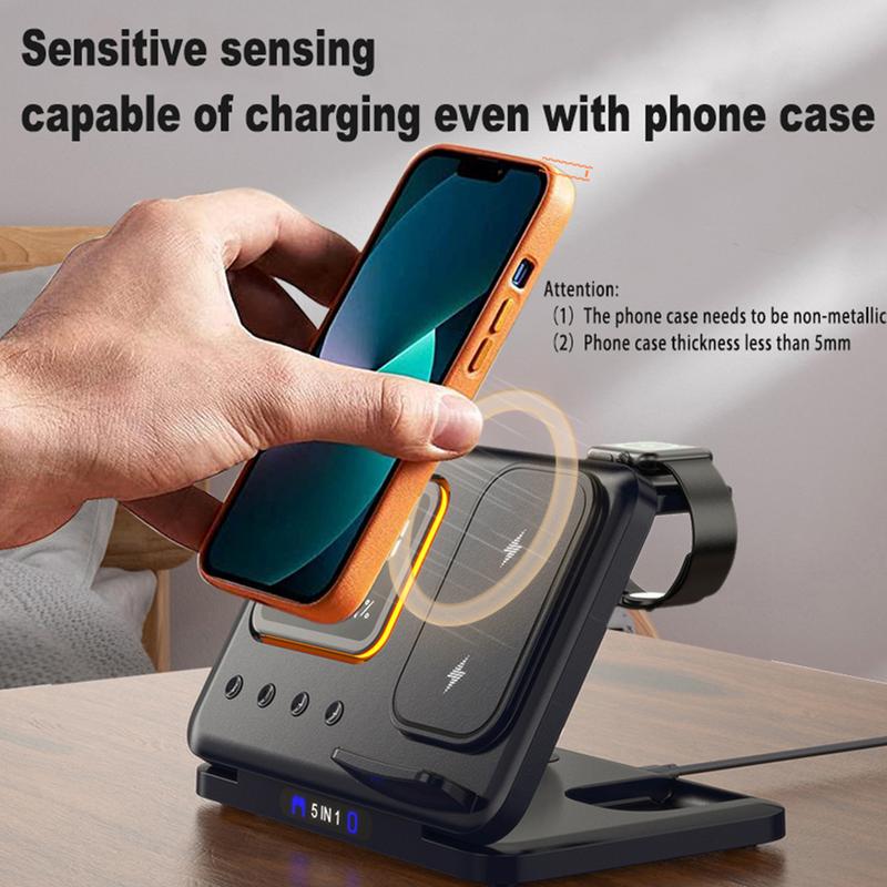15W Wireless Chargers Stand 5 In1 LED Digital Alarm Clock Fast Charging Dock Station - Rendtronics