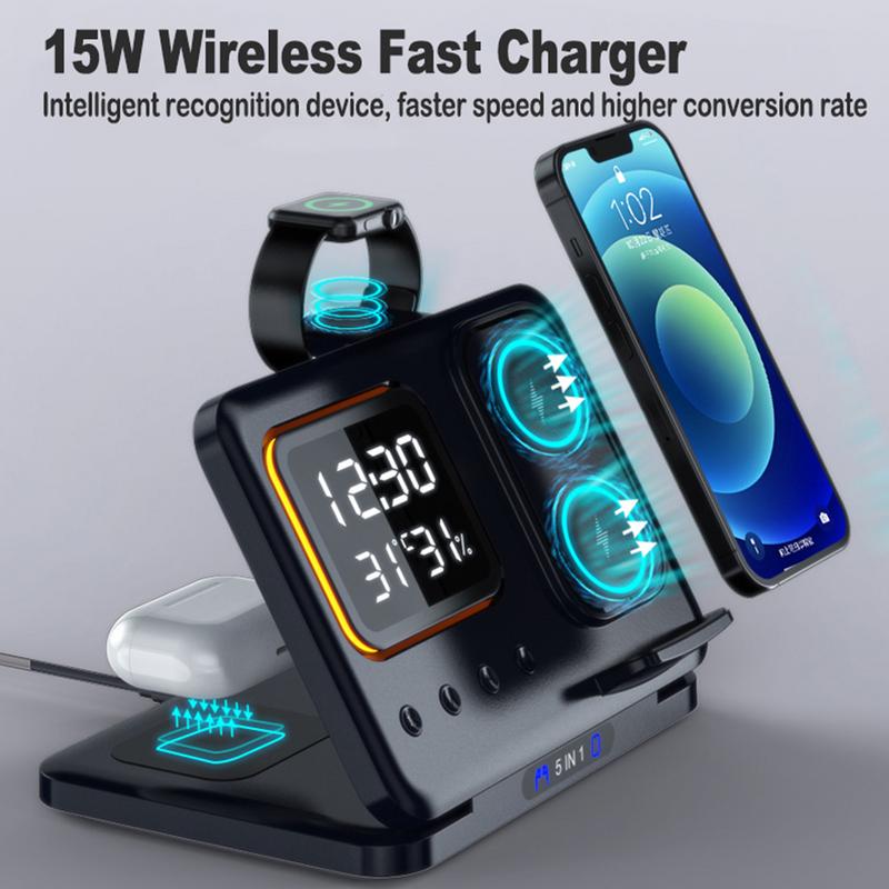 15W Wireless Chargers Stand 5 In1 LED Digital Alarm Clock Fast Charging Dock Station - Rendtronics