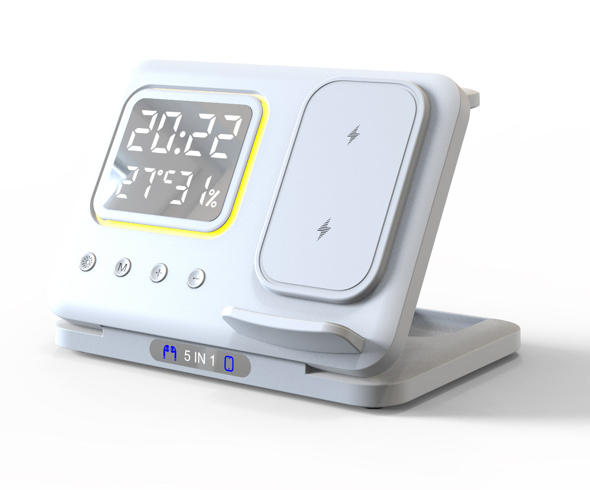 15W Wireless Chargers Stand 5 In1 LED Digital Alarm Clock Fast Charging Dock Station - Rendtronics