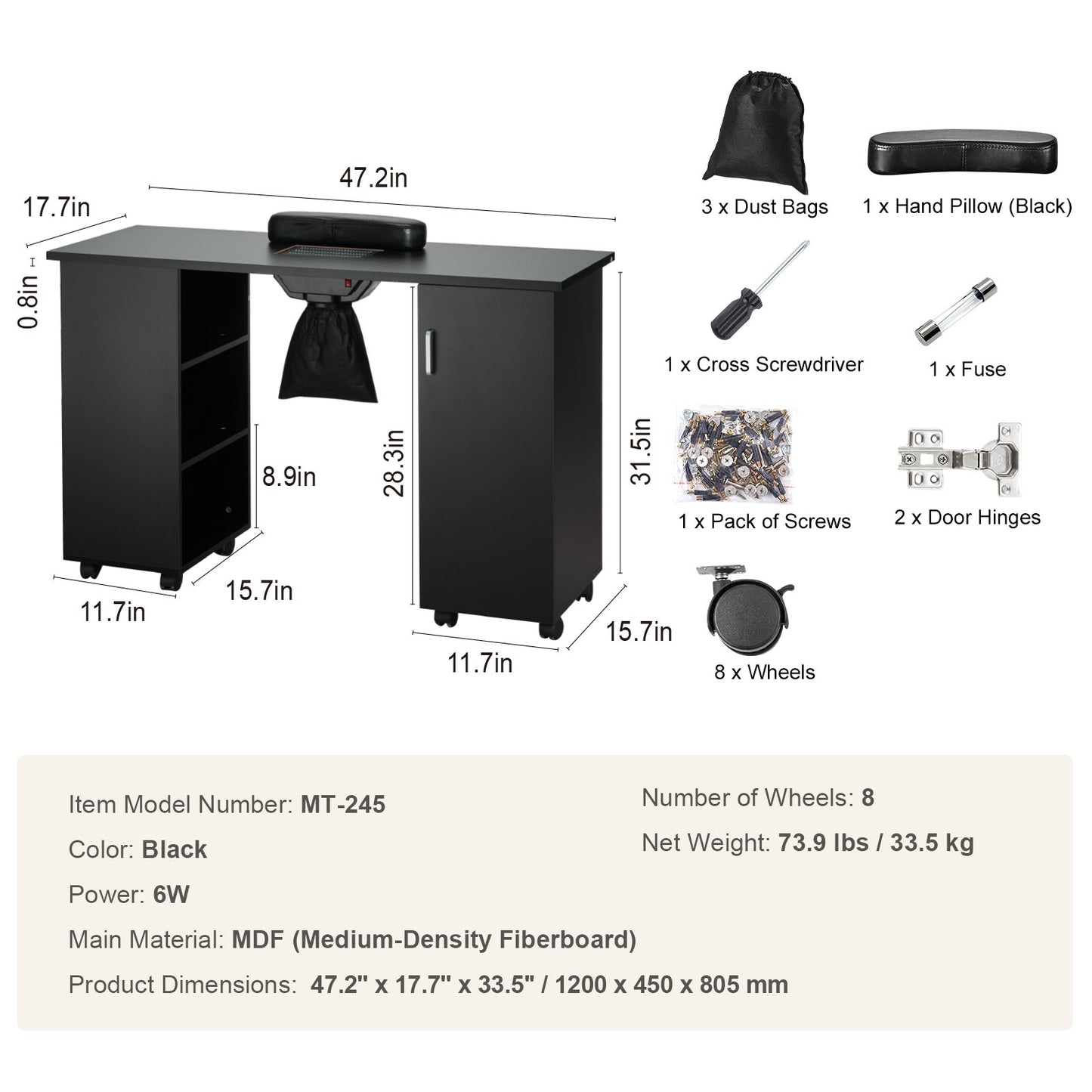VEVOR Manicure Table, Nail Table Station With Electric Dust Collector, Moveable Nail Tech Desk With 8 Wheels  4 Lockable , 3 Dust Bag & Wrist Rest, MDF Nail Art Workstation For Spa Beauty Salon, Black - Rendtronics