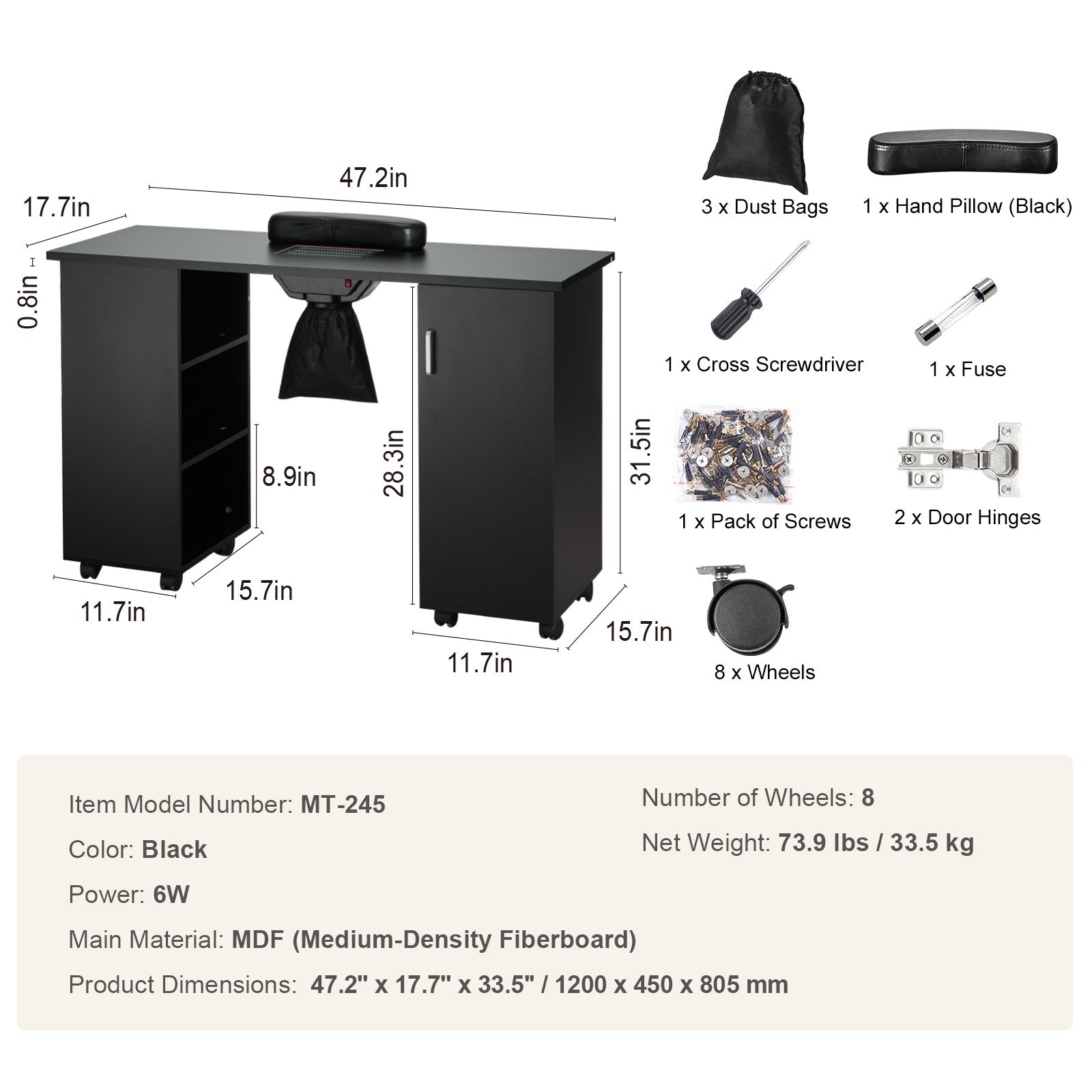 VEVOR Manicure Table, Nail Table Station With Electric Dust Collector, Moveable Nail Tech Desk With 8 Wheels  4 Lockable , 3 Dust Bag & Wrist Rest, MDF Nail Art Workstation For Spa Beauty Salon, Black - Rendtronics