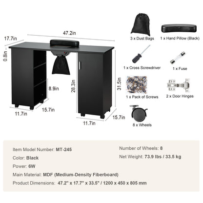 VEVOR Manicure Table, Nail Table Station With Electric Dust Collector, Moveable Nail Tech Desk With 8 Wheels  4 Lockable , 3 Dust Bag & Wrist Rest, MDF Nail Art Workstation For Spa Beauty Salon, Black - Rendtronics