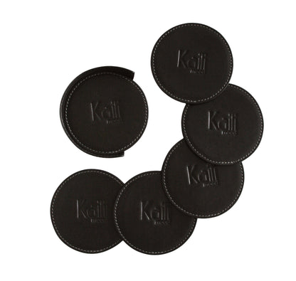 K0007AB | 6-piece Under Glass Set made of genuine full grain leather, smooth. Under glasses size: ø 9 cm, Under glasses holder size: ø 9 x 3.0 cm. Packaging: Tnt bag by Kaili mood