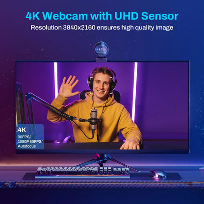 4K Webcam with Tripod Autofocus Streaming Black by OBA