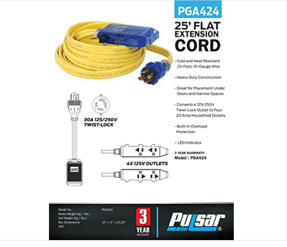 25' L5-30P to 3.5-15R 10 Gauge Flat Extension Cord w/ three 125V Household Outlets by Pulsar