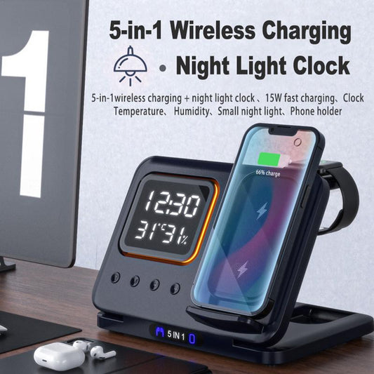 15W Wireless Chargers Stand 5 In1 LED Digital Alarm Clock Fast Charging Dock Station - Rendtronics