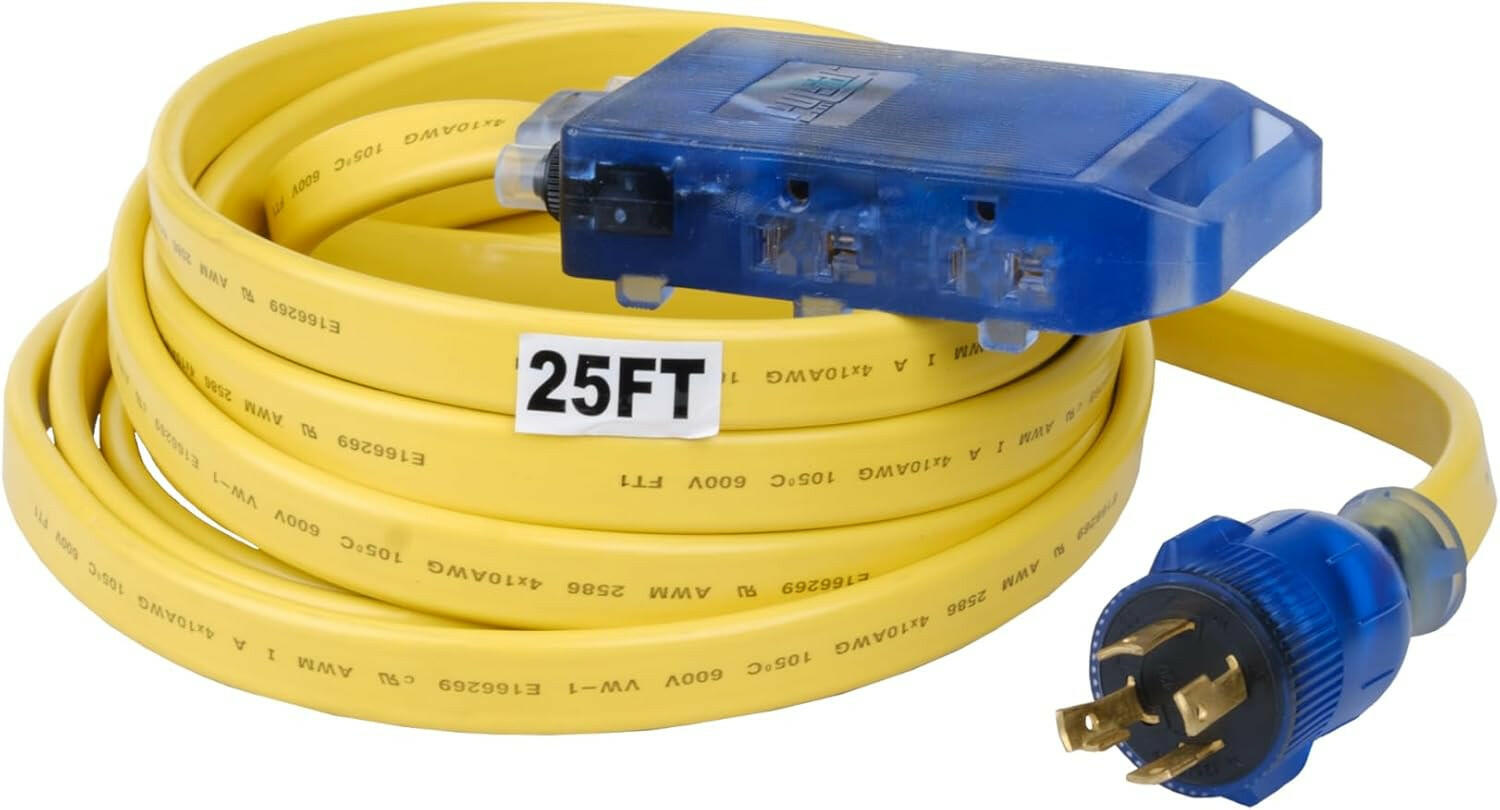 25' L5-30P to 3.5-15R 10 Gauge Flat Extension Cord w/ three 125V Household Outlets by Pulsar