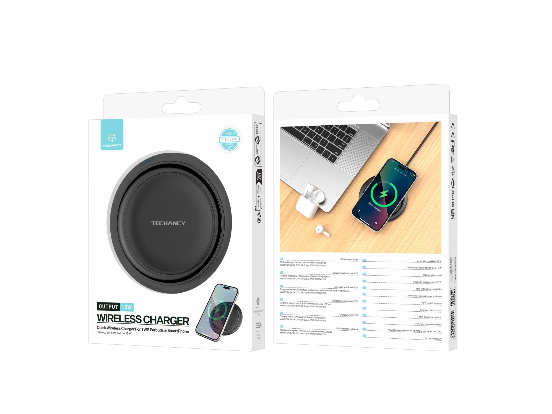 Techancy Carregador sem fio 15W TF2799, compatível com várias marcas de smartphones, carga rápida e segura, leve e portátil by Techancy
