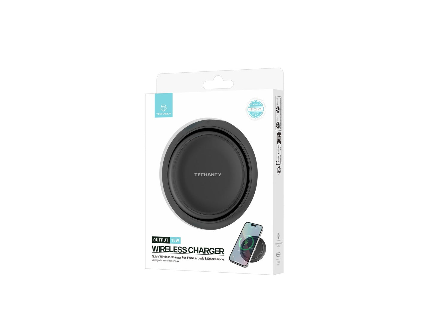 Techancy Carregador sem fio 15W TF2799, compatível com várias marcas de smartphones, carga rápida e segura, leve e portátil by Techancy
