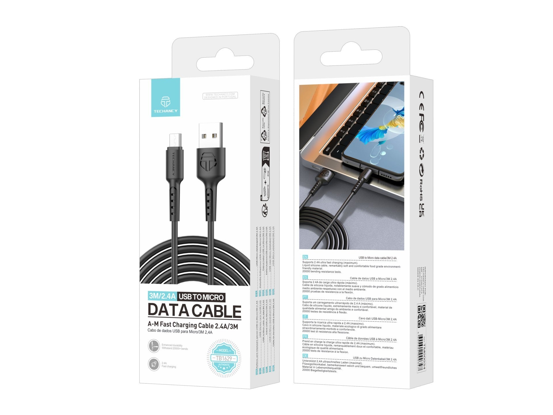 Techancy Cabo De Dados Preto TB1629, Cabo De Carregamento Rápido Usb Para Micro, 3 M/2,4 A, Compatível Com Dispositivos Android by Techancy