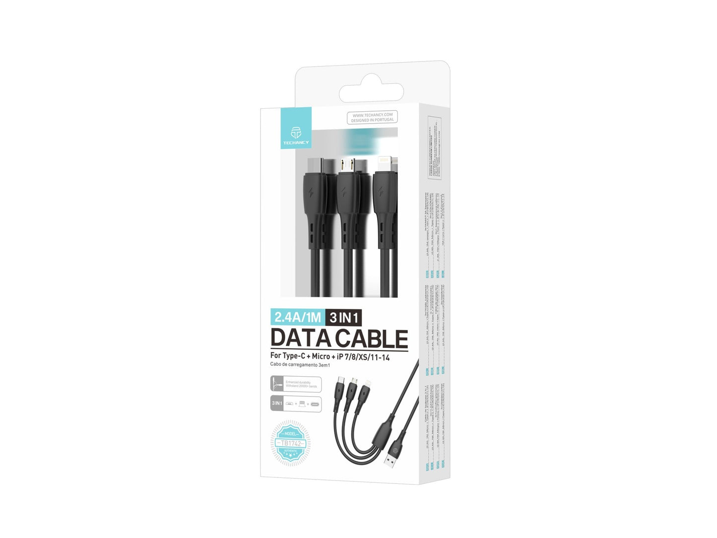 Techancy Cabo 3 em 1 TB1742, 2.4A, 1m Preto, USB-C/Micro/Lightning, CompatIvel com Dispositivos Diversos, Design Resistente by Techancy