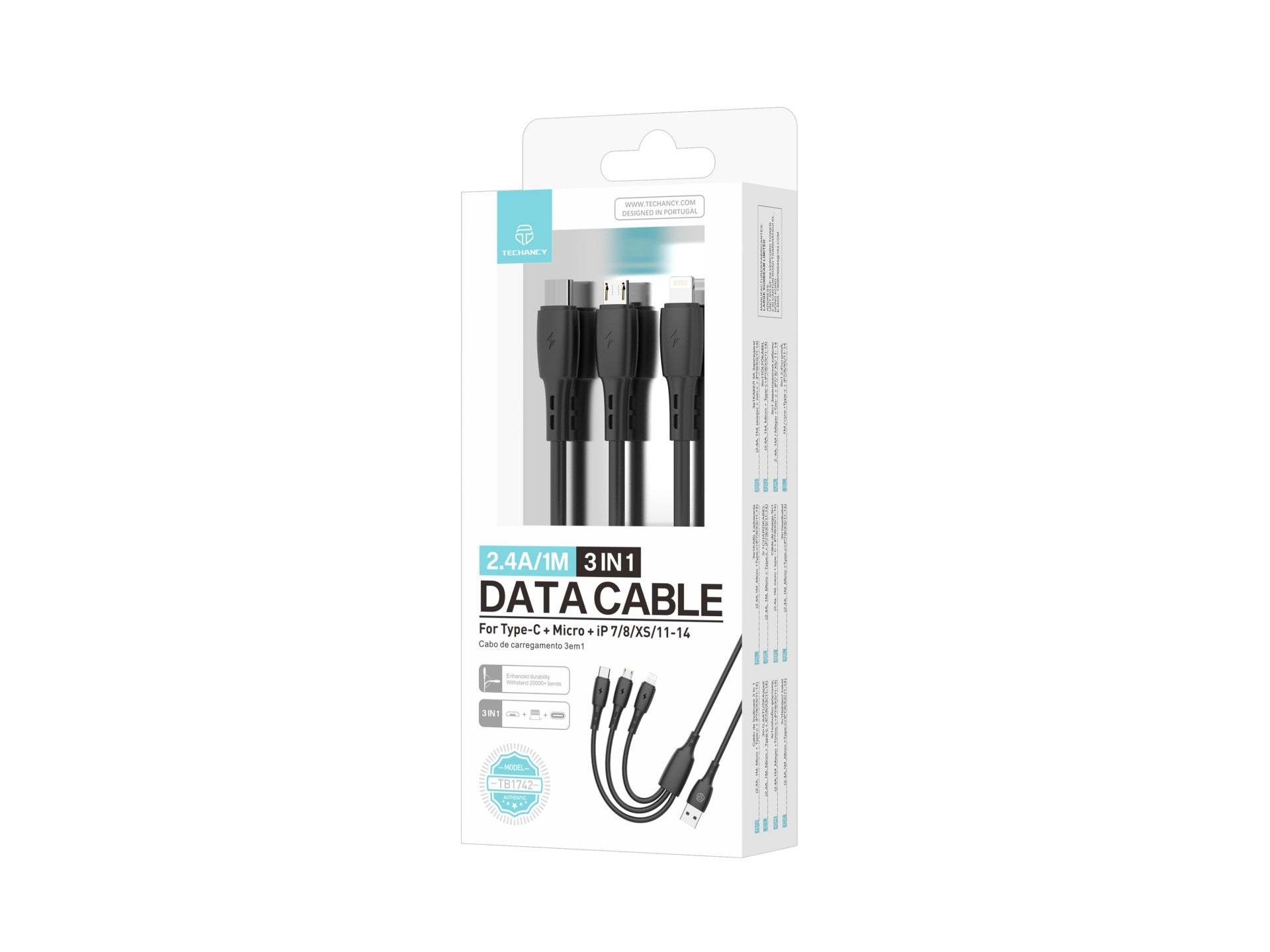 Techancy Cabo 3 em 1 TB1742, 2.4A, 1m Preto, USB-C/Micro/Lightning, CompatIvel com Dispositivos Diversos, Design Resistente by Techancy