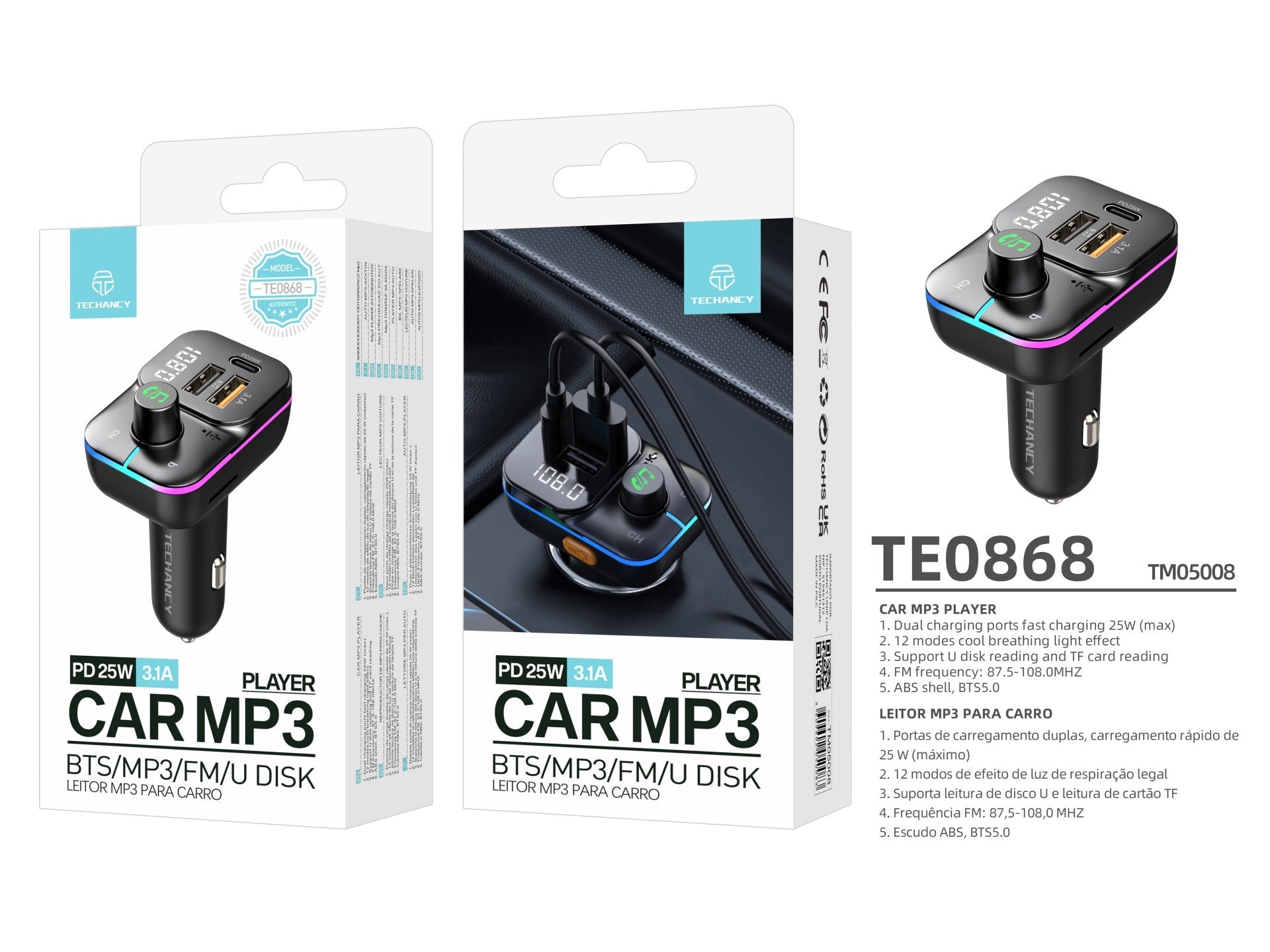 Techancy Transmissor Fm Para Automóvel TE0868, Carregamento Rápido Pd De 25 W, Reprodução De Mp3, 7 Leds A Cores by Techancy