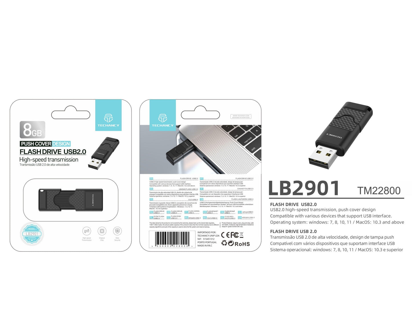 Techancy USB Flash Drive 8GB Preto LB2901, Usb 2.0, Compatível com PC/Mobile/Mac, Armazenamento seguro de ficheiros by Techancy