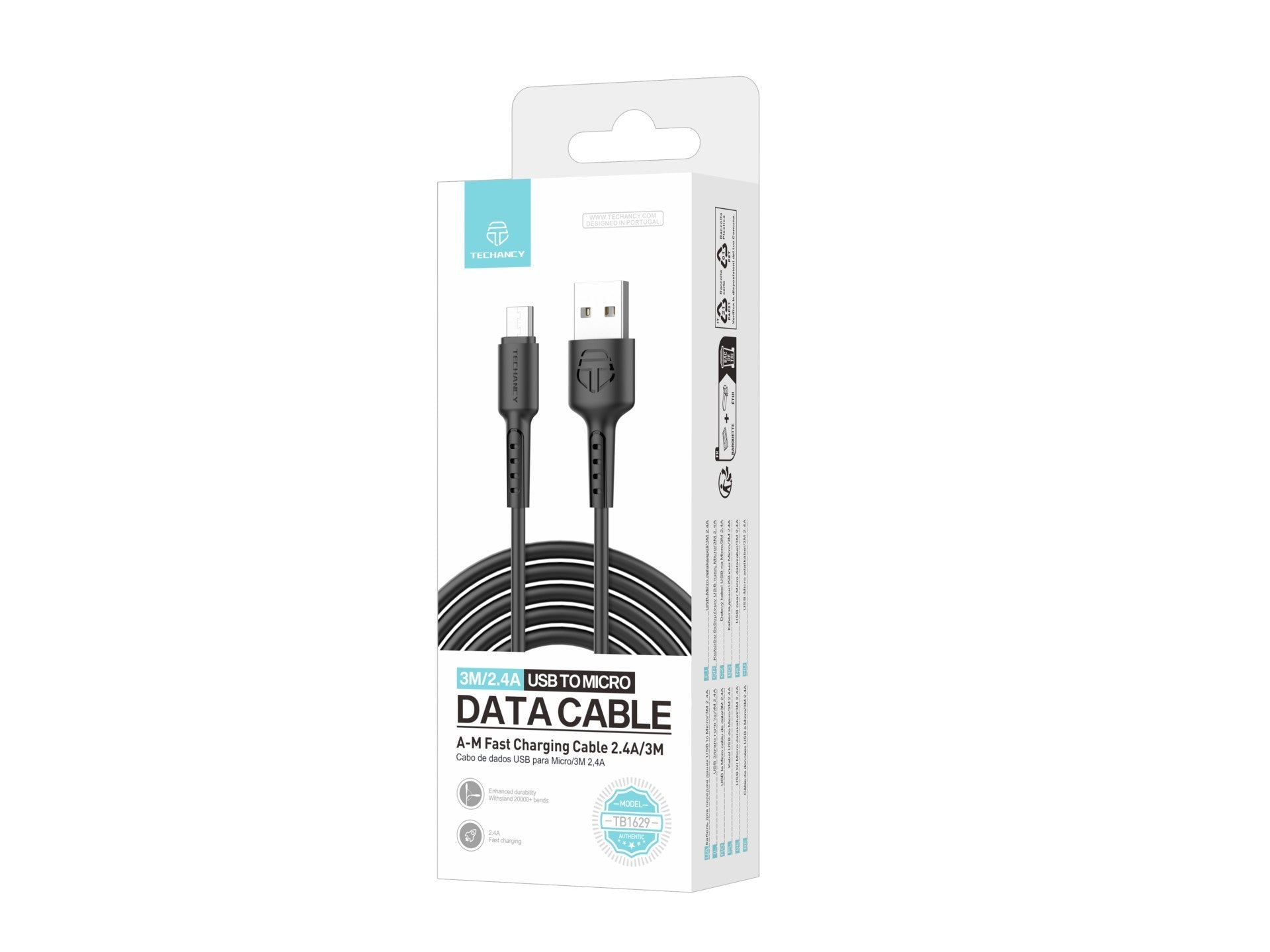 Techancy Cabo De Dados Preto TB1629, Cabo De Carregamento Rápido Usb Para Micro, 3 M/2,4 A, Compatível Com Dispositivos Android by Techancy