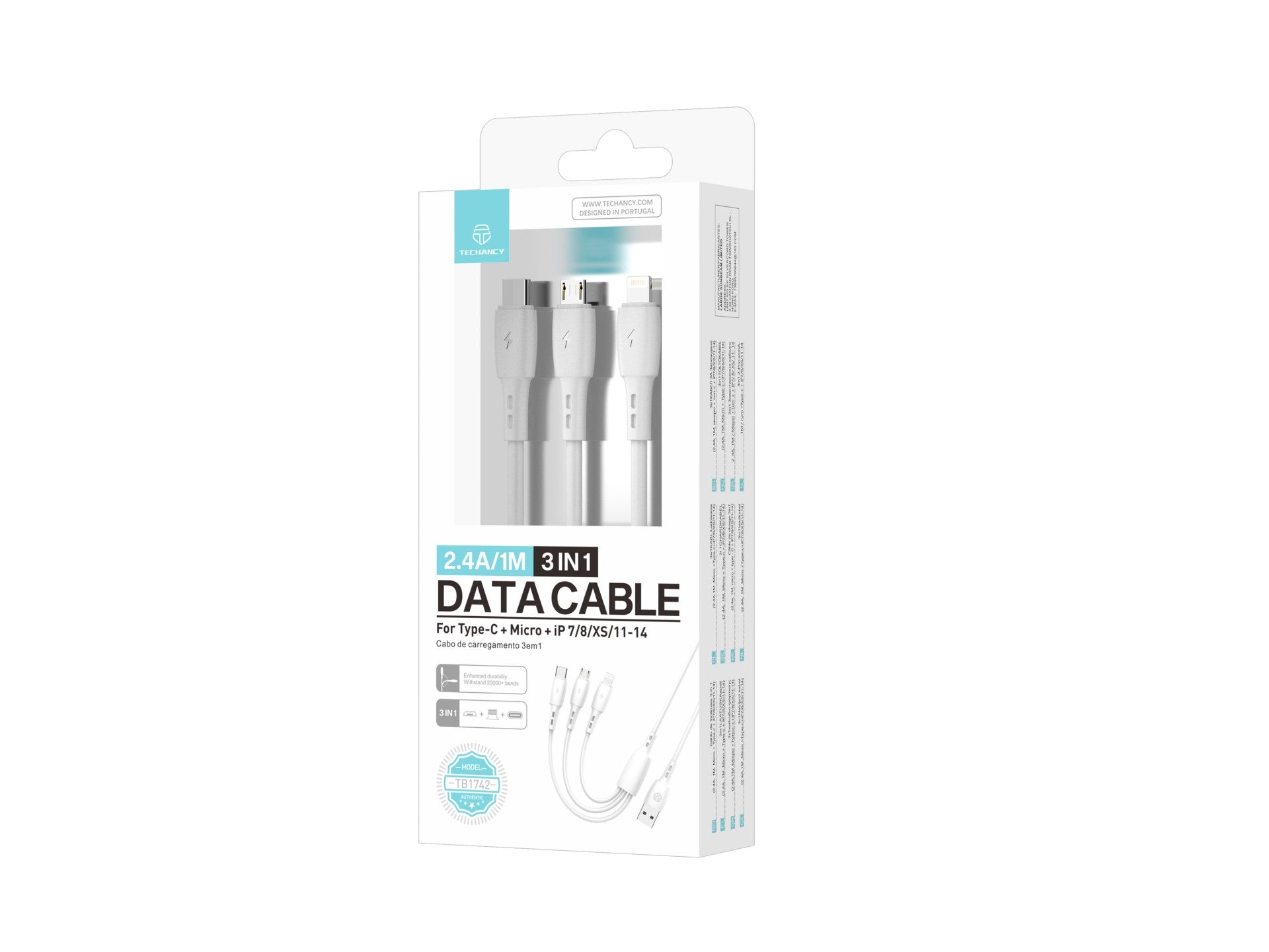 Techancy Cabo 3 em 1 TB1742, 2.4A, 1m Branco, USB-C/Micro/Lightning, CompatIvel com Dispositivos Diversos, Design Resistente by Techancy