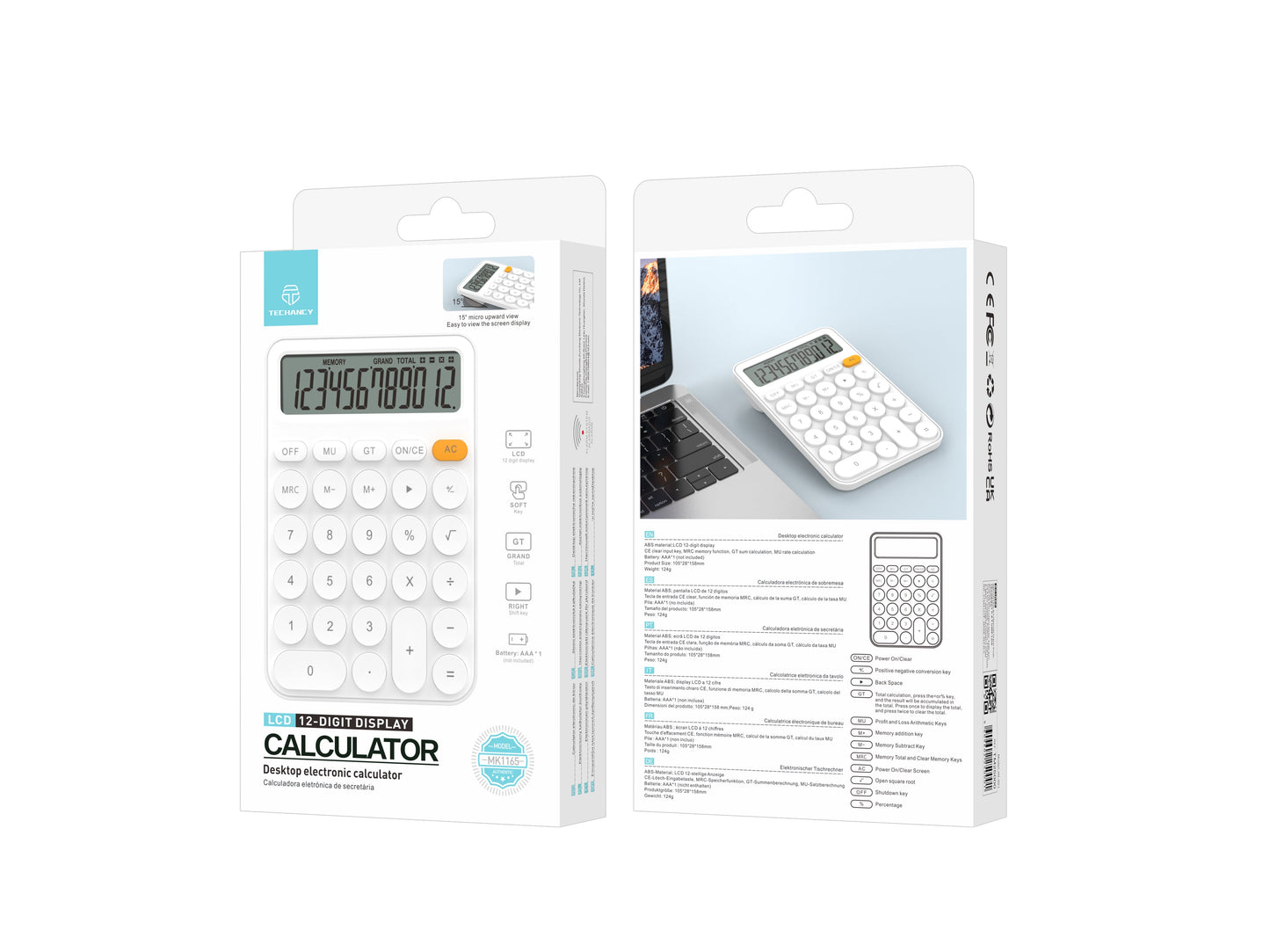 Techancy Calculadora escritorio MK1165 LCD 12 digitos com funcoes MRC GT MU e tecla CE clara Branco by Techancy