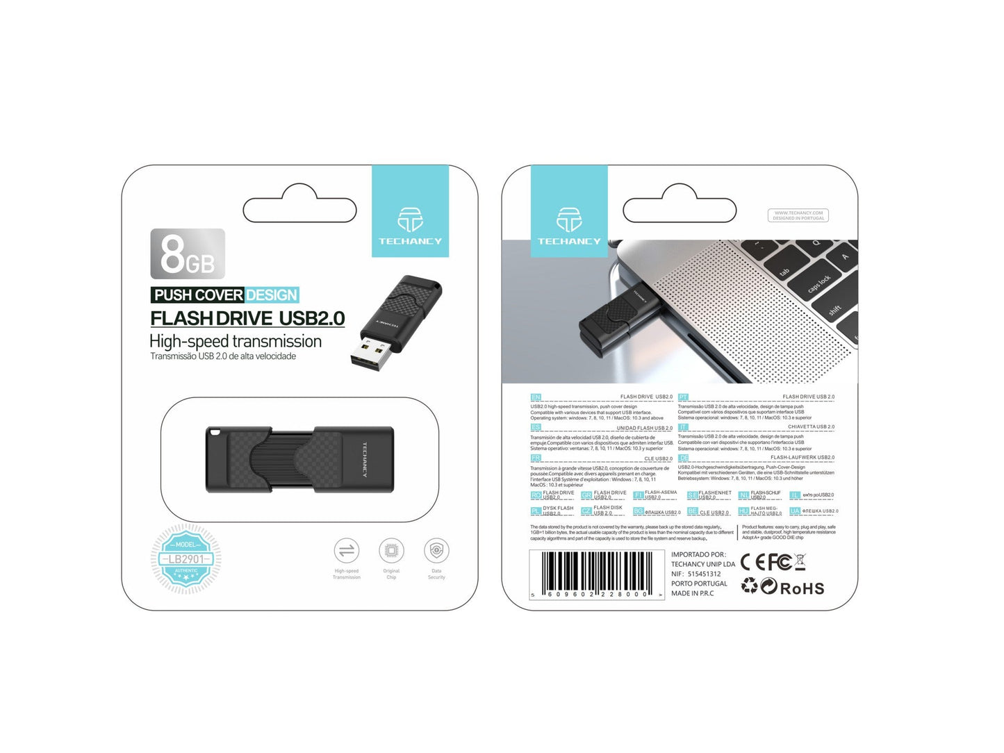 Techancy USB Flash Drive 8GB Preto LB2901, Usb 2.0, Compatível com PC/Mobile/Mac, Armazenamento seguro de ficheiros by Techancy
