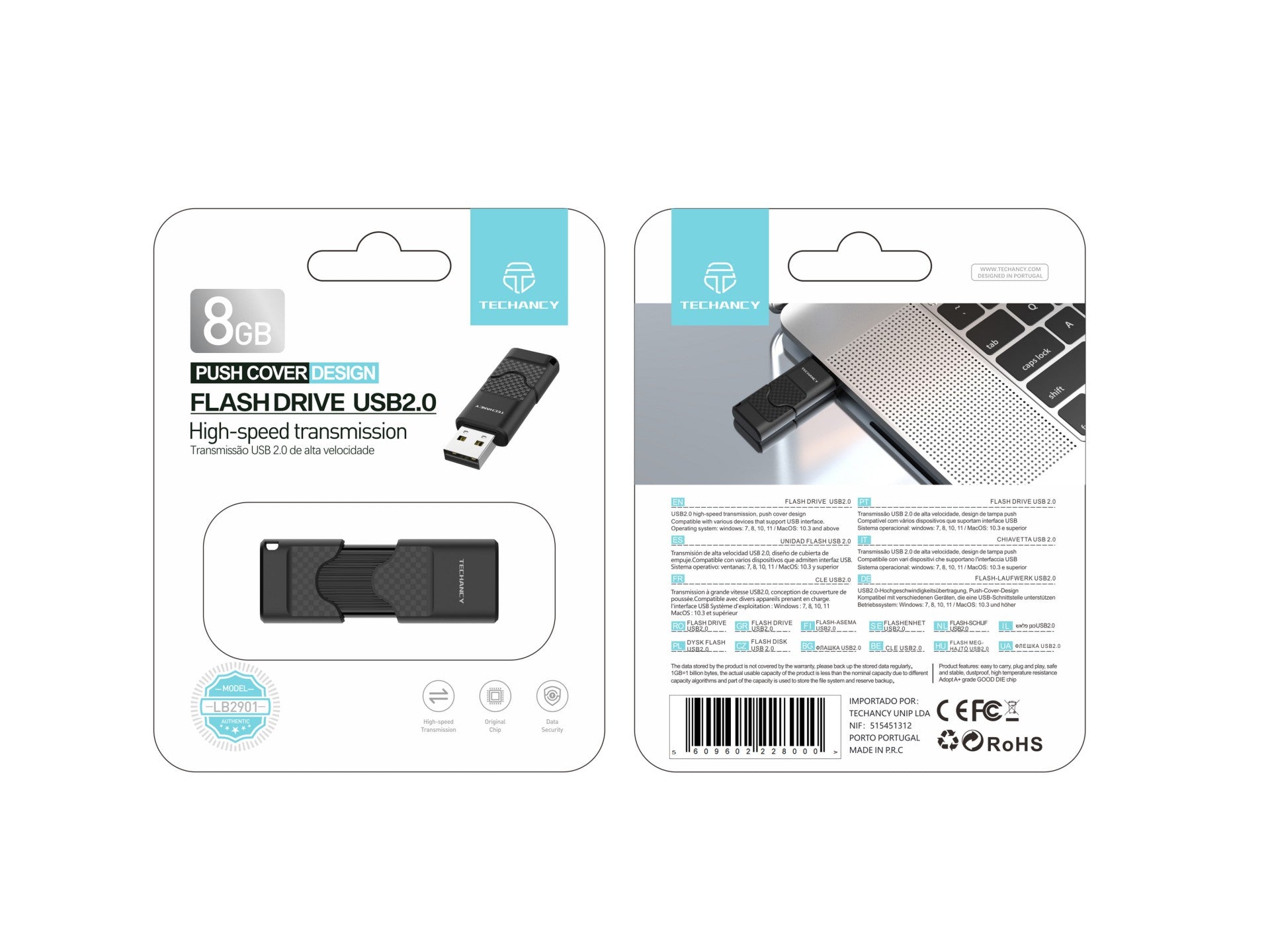 Techancy USB Flash Drive 8GB Preto LB2901, Usb 2.0, Compatível com PC/Mobile/Mac, Armazenamento seguro de ficheiros by Techancy