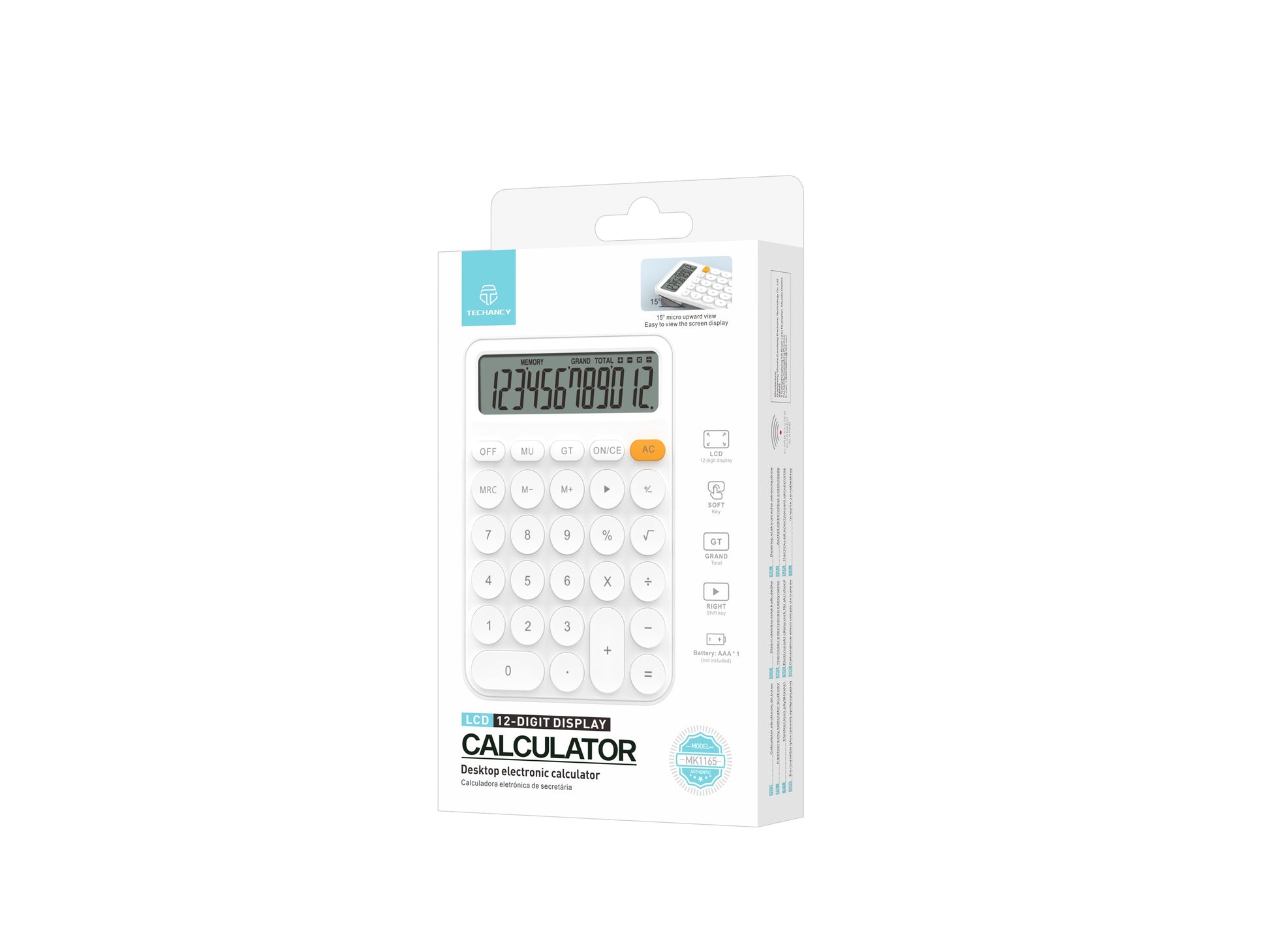 Techancy Calculadora escritorio MK1165 LCD 12 digitos com funcoes MRC GT MU e tecla CE clara Branco by Techancy