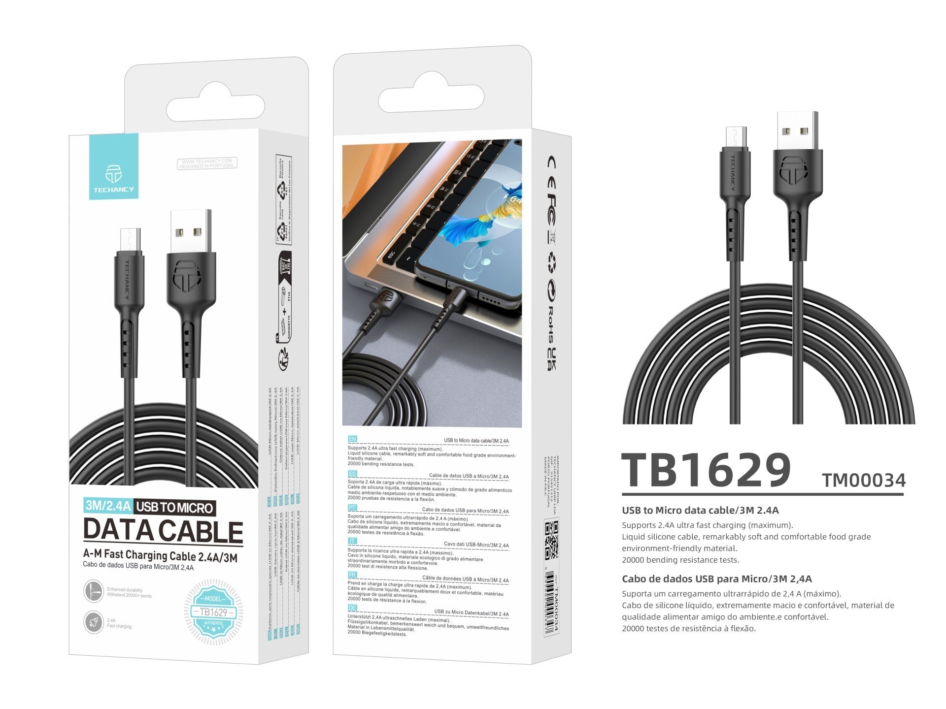 Techancy Cabo De Dados Preto TB1629, Cabo De Carregamento Rápido Usb Para Micro, 3 M/2,4 A, Compatível Com Dispositivos Android by Techancy