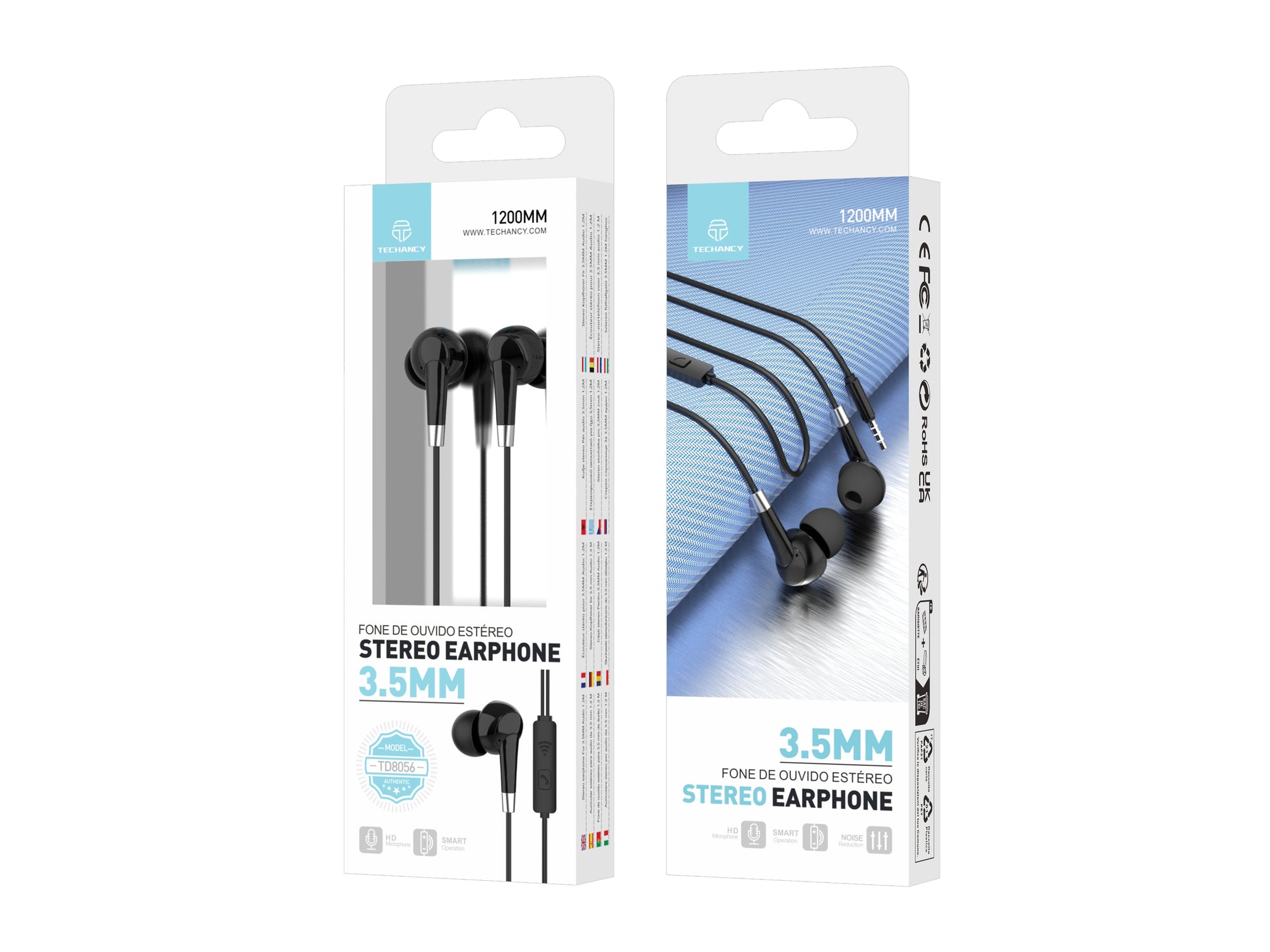 Techancy Auscultadores Intra-Auriculares Com Fios Pretos 1,2 M TD8056, Tomada De 3,5 Mm Compatível Com Telemóveis/Pc/Mp3, Etc. by Techancy