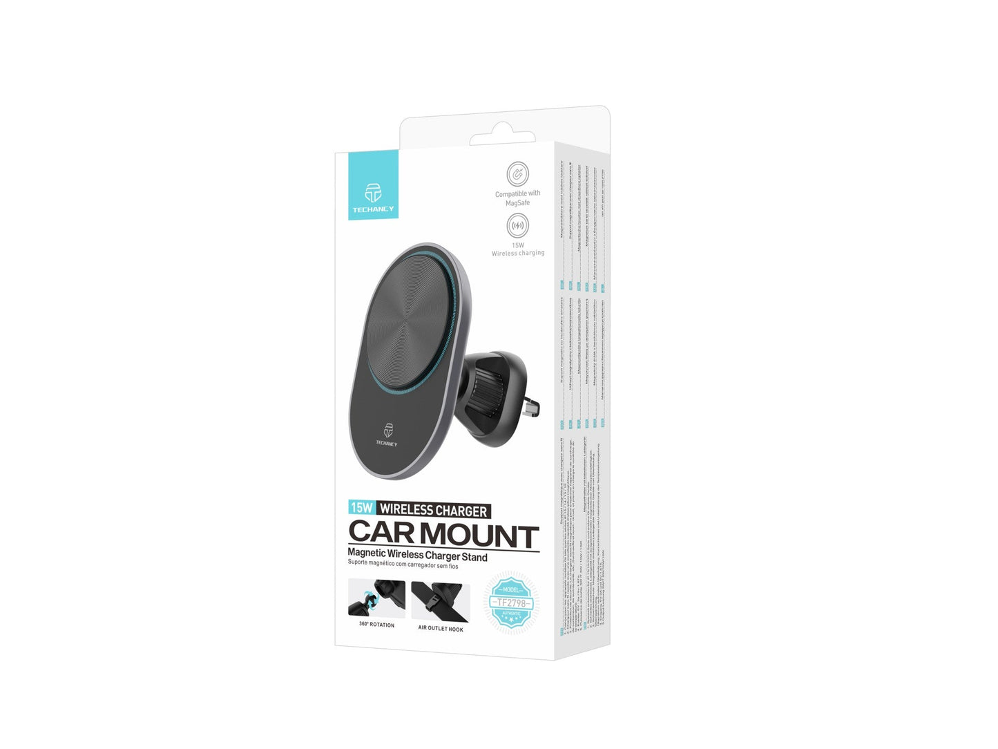 Techancy Suporte Magnético Para Telemóvel Com Carregador Sem Fios TF2798 Preto, Compatível Com Magsafe, Carregamento Sem Fios De 15 W by Techancy