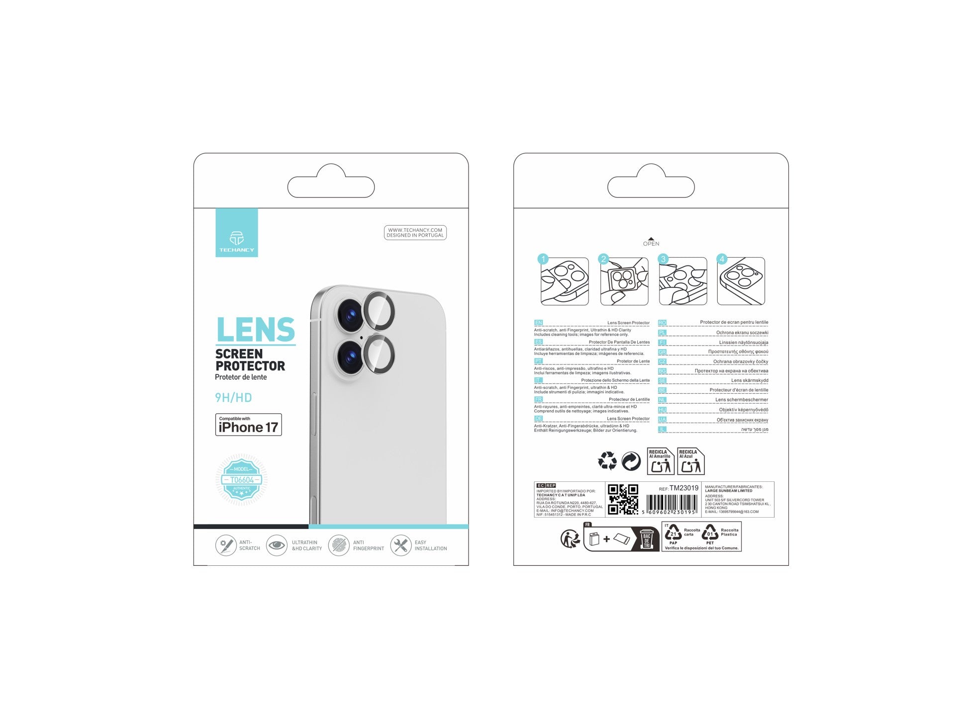 Techancy Protetor de Lente para iPhone 17 TO6004 9H Ultra Fino Alta Definicao Anti Risco Anti Impressao Digital Transparente by Techancy