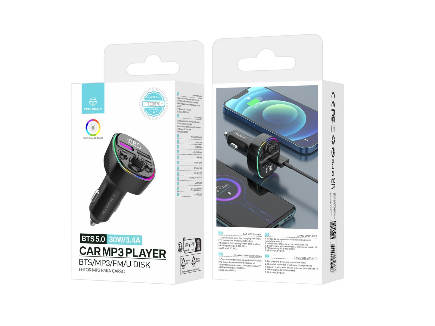 Techancy Transmissor Fm Para Automóvel TE0870, Carregamento Rápido Pd De 30 W, Reprodução De Música Mp3, Entrada De 12-24 V by Techancy