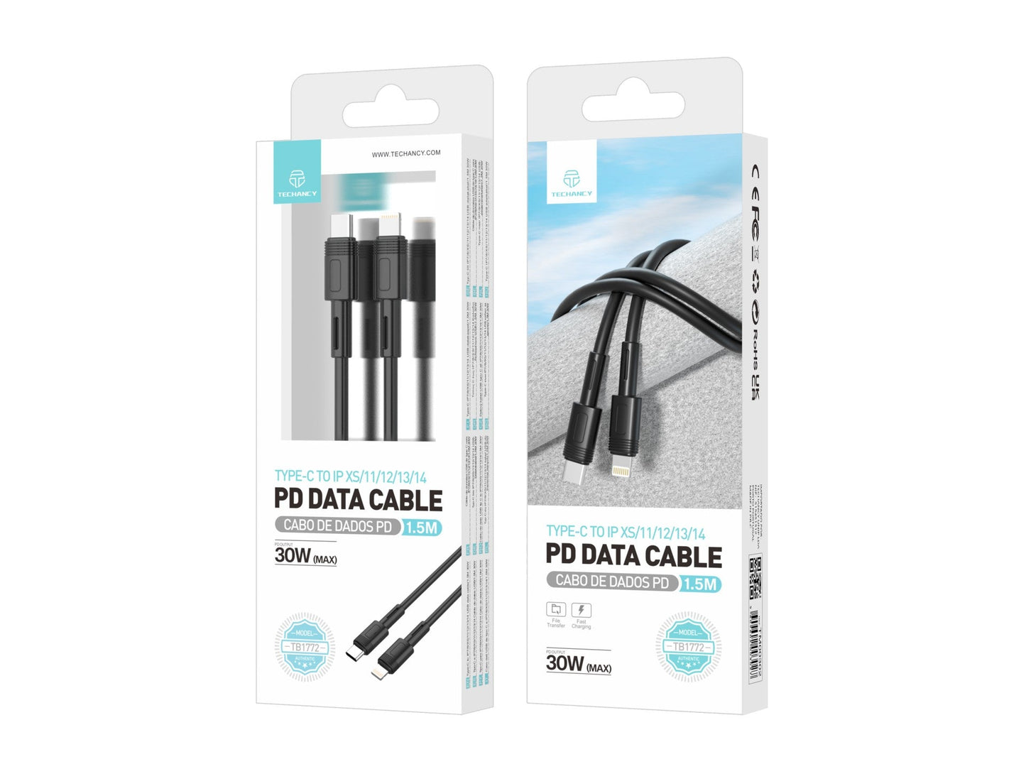 Techancy Cabo Pd De Carregamento Rápido Preto 1,5 M TB1772, Usb C Para Porta Lightning Carregamento Rápido De 30 W by Techancy