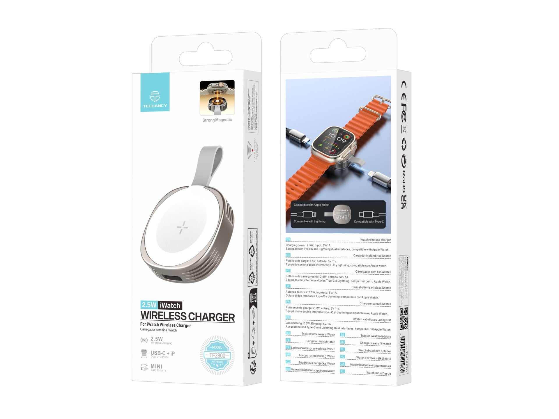 Techancy Carregador Wireless iWatch TF2800 2.5W, iman forte, USB-C/Lightning, compacto, compativel Apple Watch by Techancy