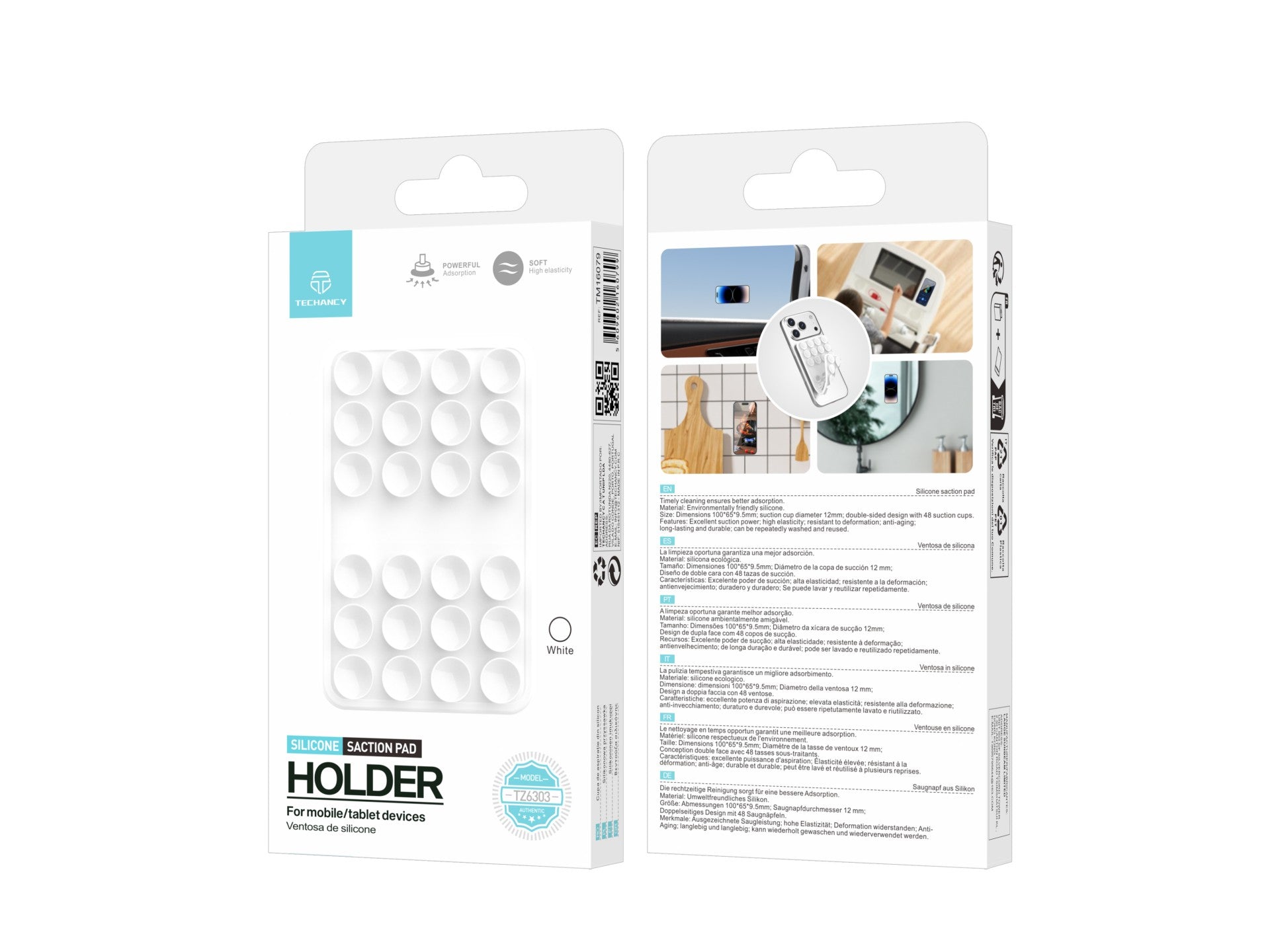 Techancy Suporte com Ventosas de Silicone TZ6303 Forte Aderencia Reutilizavel Estavel Antiderrapante para Telemovel e Tablet Branco by Techancy