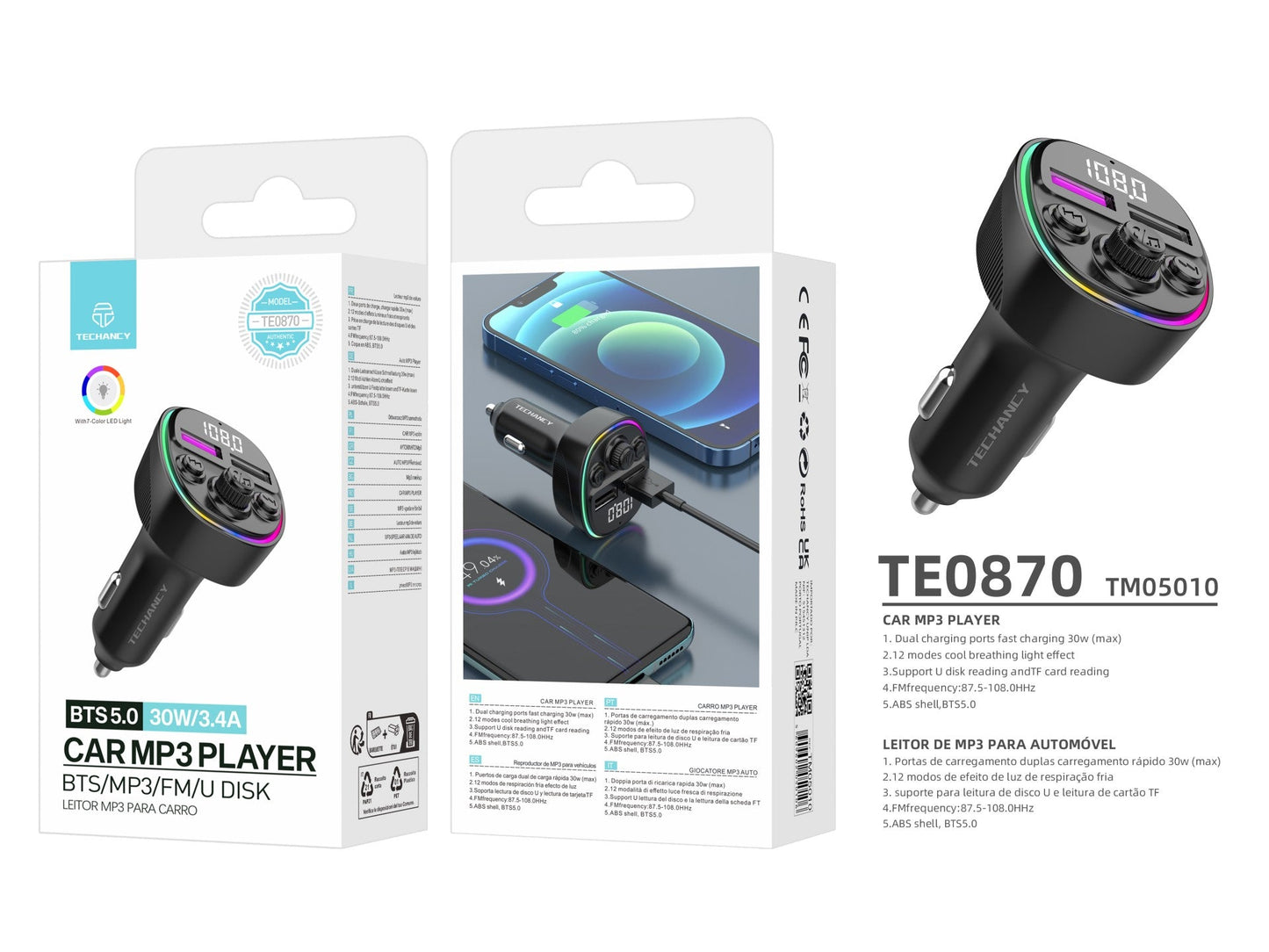 Techancy Transmissor Fm Para Automóvel TE0870, Carregamento Rápido Pd De 30 W, Reprodução De Música Mp3, Entrada De 12-24 V by Techancy