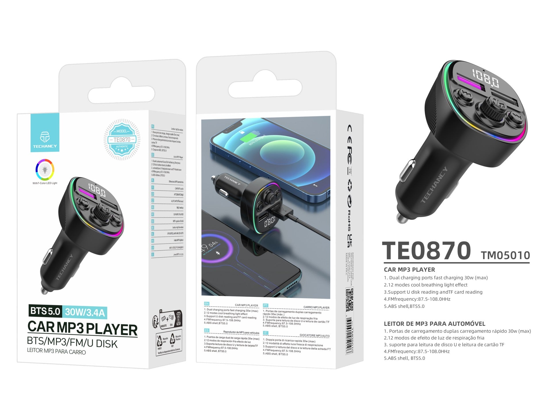 Techancy Transmissor Fm Para Automóvel TE0870, Carregamento Rápido Pd De 30 W, Reprodução De Música Mp3, Entrada De 12-24 V by Techancy