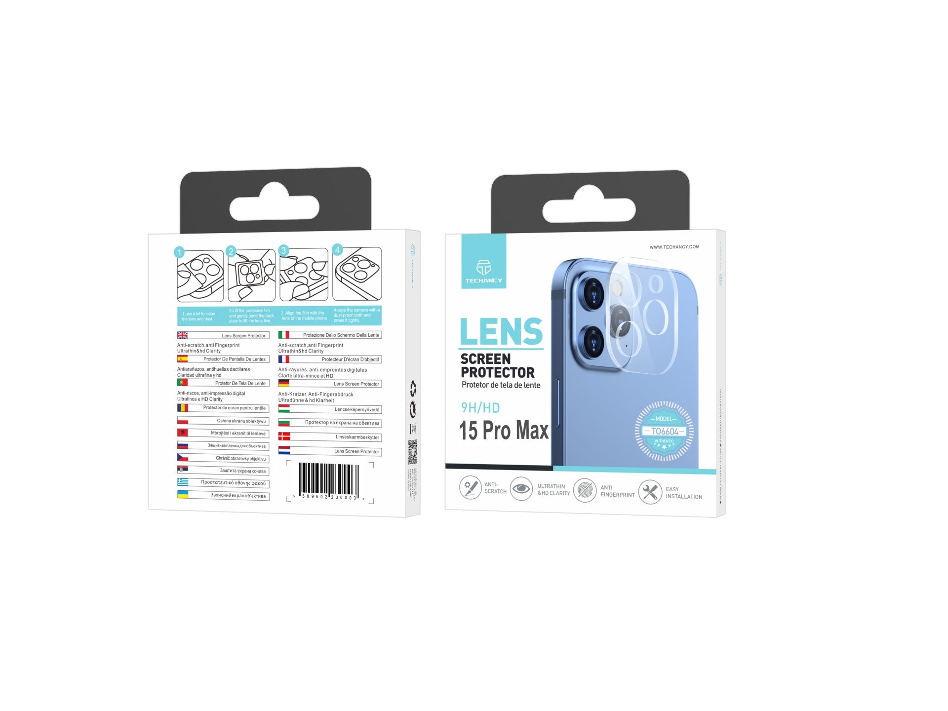 Techancy Protetor de Lente para iPhone 15 PRO MAX, TO6604, 9H Anti-riscos, Anti-digital, Ultrafino e HD, Fácil de Instalar by Techancy