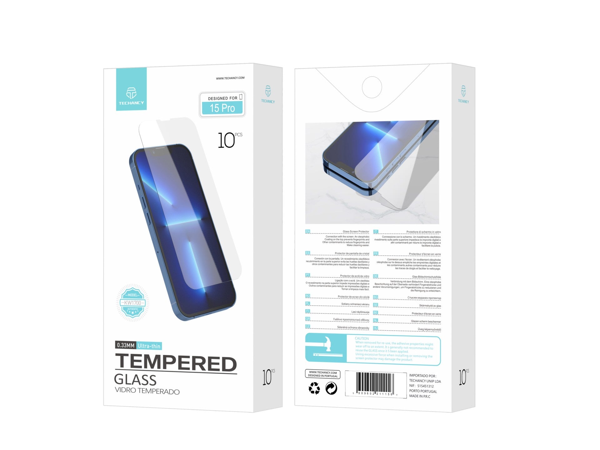 Techancy Película de Vidro Temperado para iPhone 15 Pro KW1700 , 0.33MM, Anti-riscos, Alta Transparência, Fácil Aplicação by Techancy