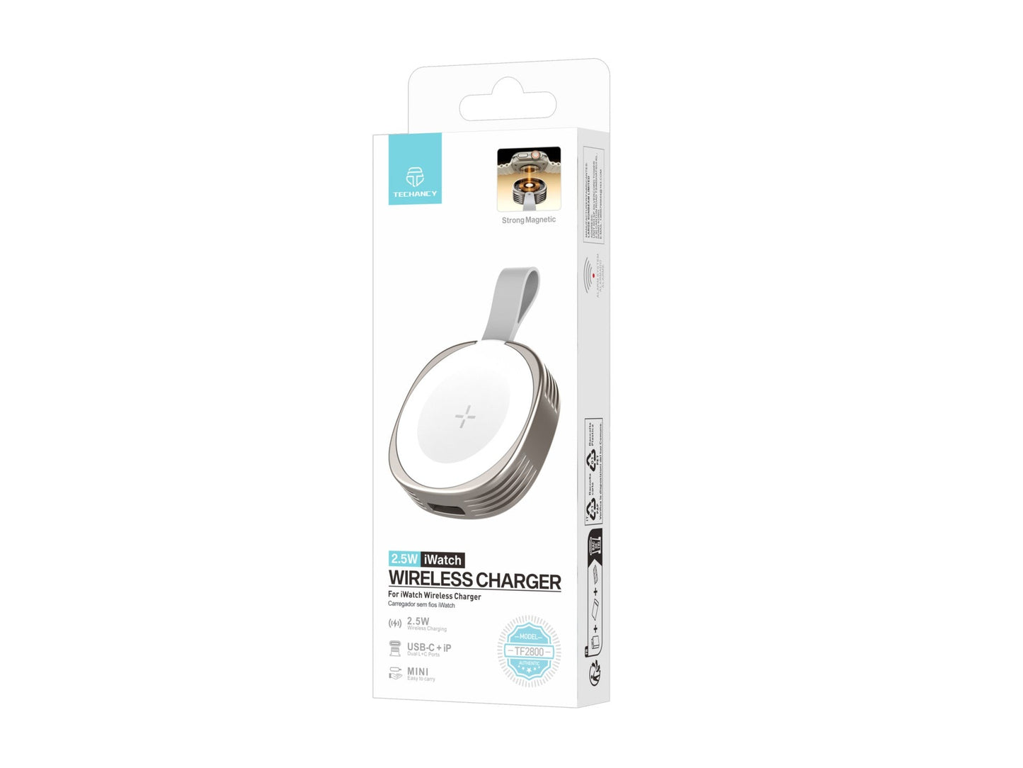 Techancy Carregador Wireless iWatch TF2800 2.5W, iman forte, USB-C/Lightning, compacto, compativel Apple Watch by Techancy