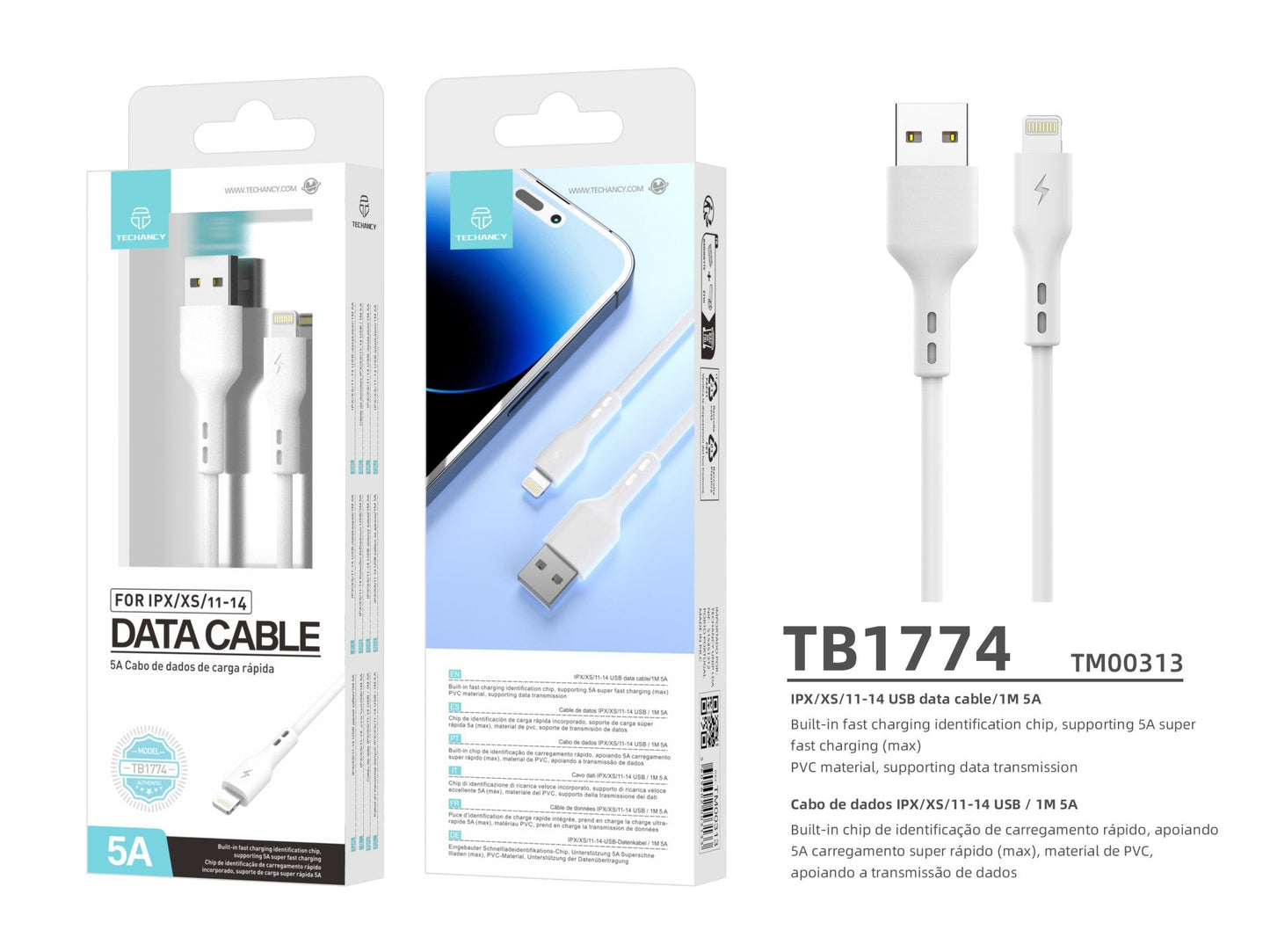 Techancy Fast Charge Cabo de Dados Usb-Lightning TB1774, 1m, 5a Super Fast Charge, Transferência De Dados, Branco by Techancy