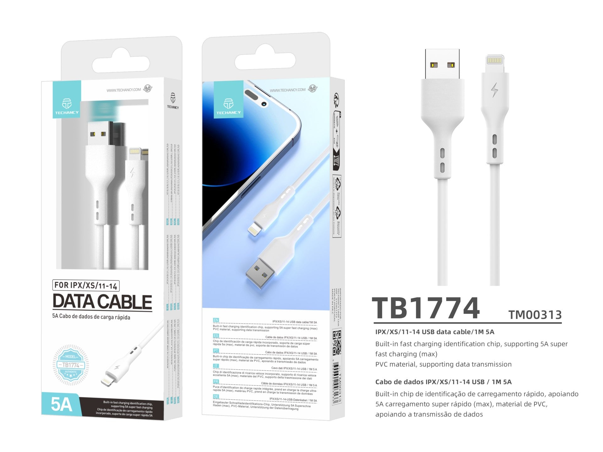 Techancy Fast Charge Cabo de Dados Usb-Lightning TB1774, 1m, 5a Super Fast Charge, Transferência De Dados, Branco by Techancy