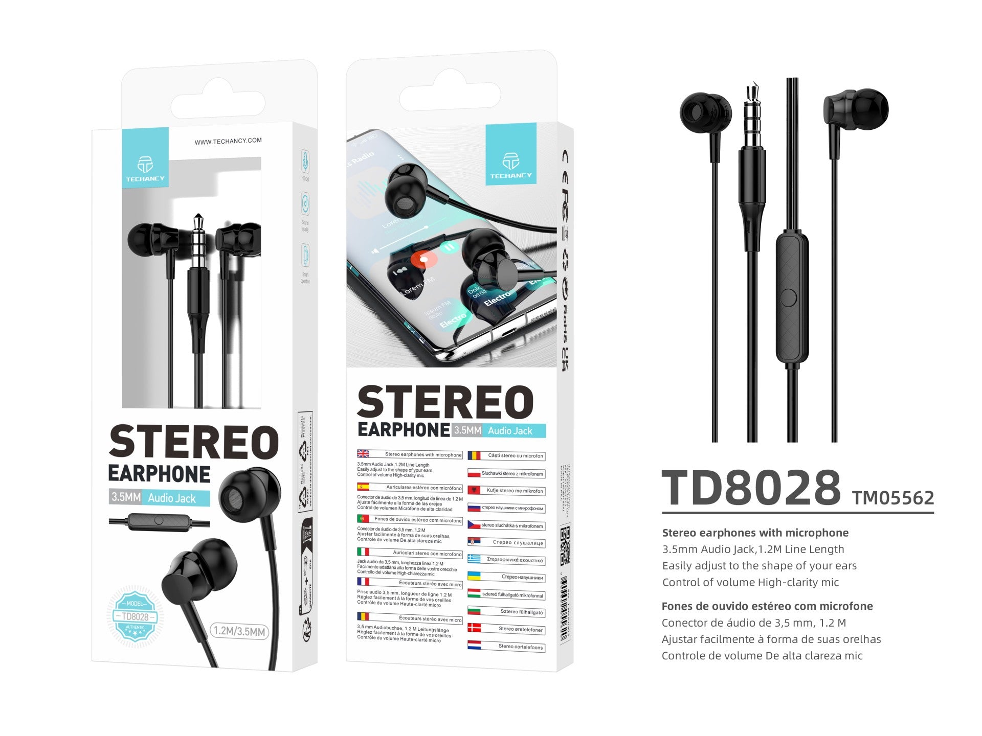 Techancy Auscultadores Intra-Auriculares Brancos 1,2 M TD8028, Com Controlo De Volume Do Microfone, Conetor De 3,5 Mm by Techancy