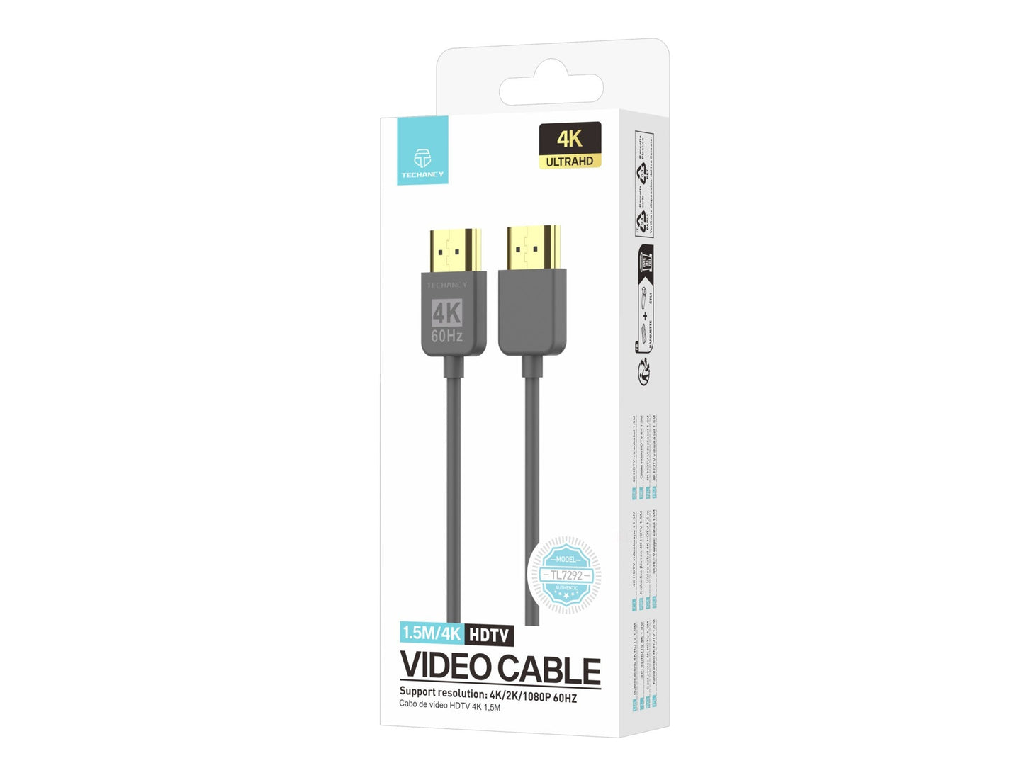 Techancy Cabo de vídeo HDMI 4K TL7292 , 1.5m, cinza, suporta 4K@60Hz, ideal para computadores, televisões e projetores by Techancy