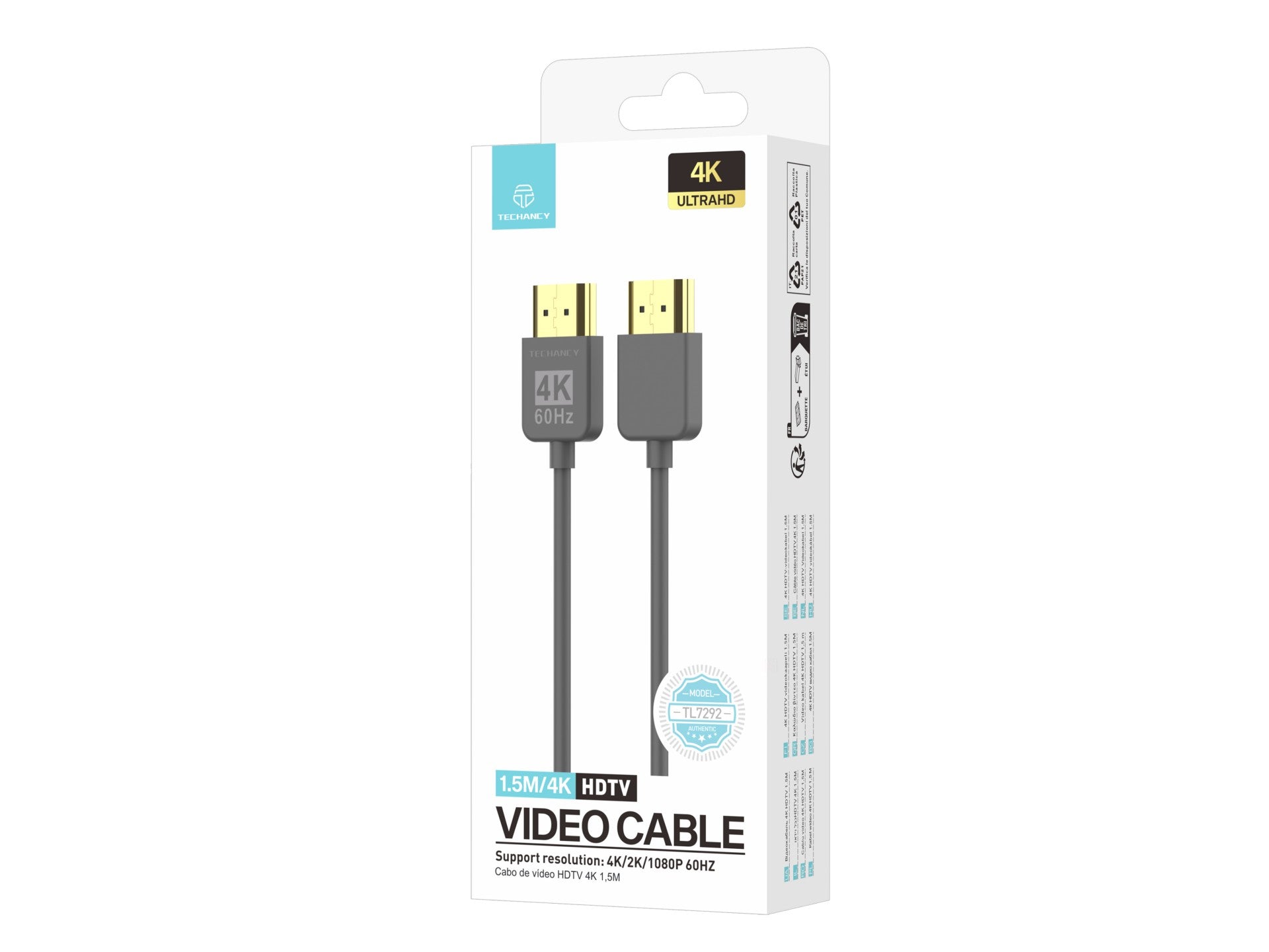 Techancy Cabo de vídeo HDMI 4K TL7292 , 1.5m, cinza, suporta 4K@60Hz, ideal para computadores, televisões e projetores by Techancy