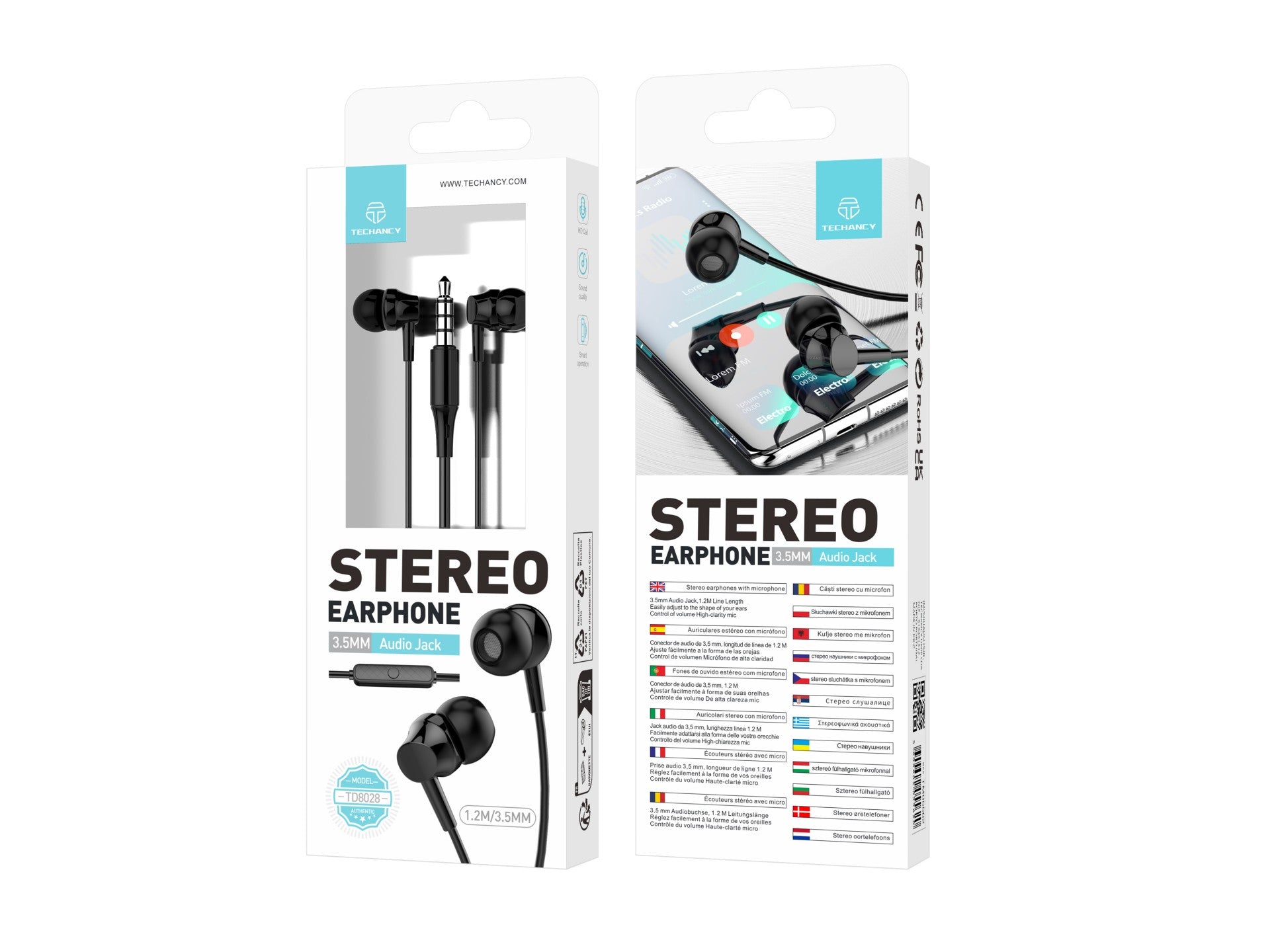 Techancy Auscultadores Intra-Auriculares Brancos 1,2 M TD8028, Com Controlo De Volume Do Microfone, Conetor De 3,5 Mm by Techancy
